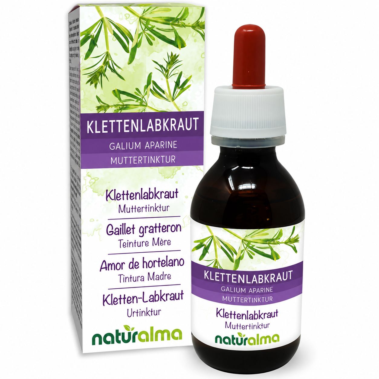 Klettenlabkraut Urtinktur Flasche und Karton mit Abbildung der Pflanze.