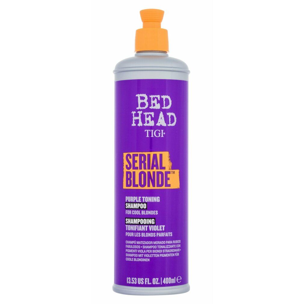 Violettes Shampoo von Bed Head Tigi. Flasche mit gelbem Deckel. Aufschrift: Serial Blonde, Purple Toning Shampoo.