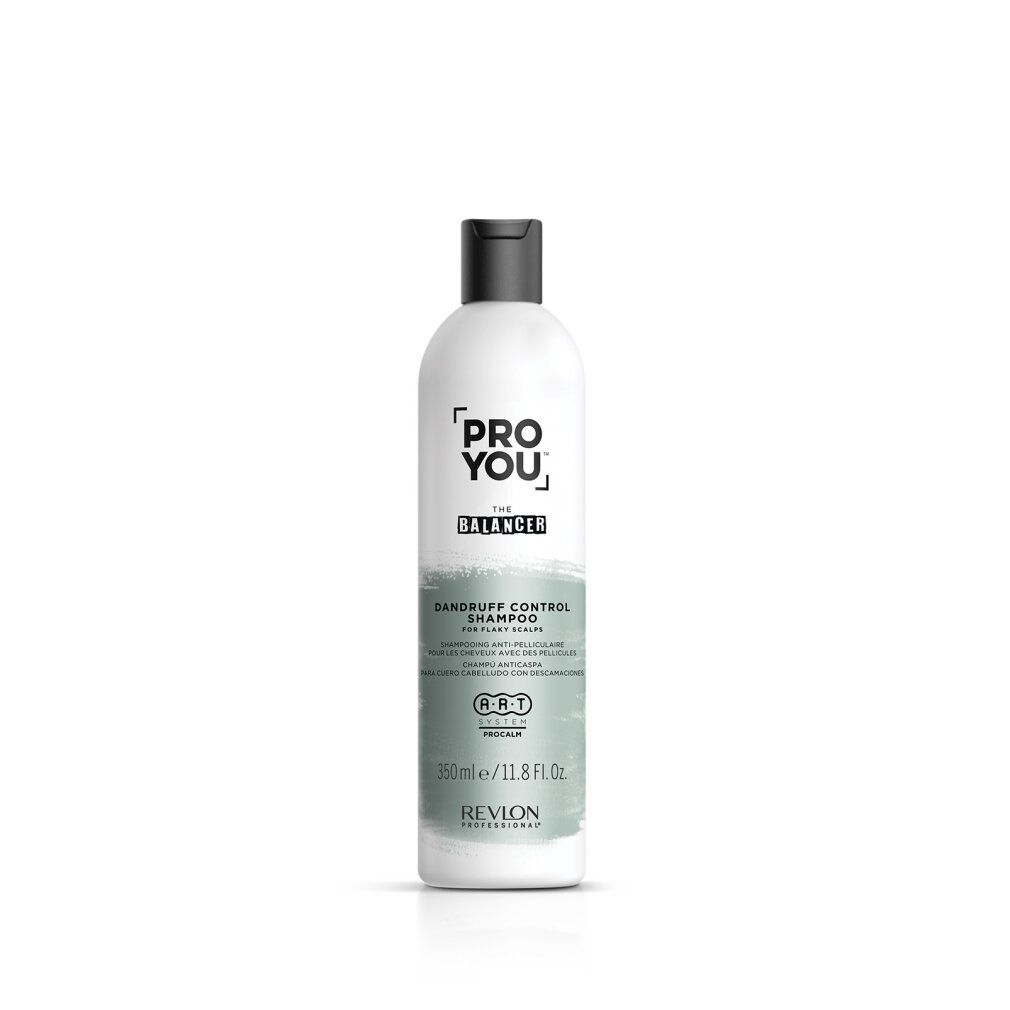 Weiße Shampoo-Flasche mit schwarzem Deckel. Aufschrift: PRO YOU THE BALANCER, Dandruff Control Shampoo. Marke: Revlon.