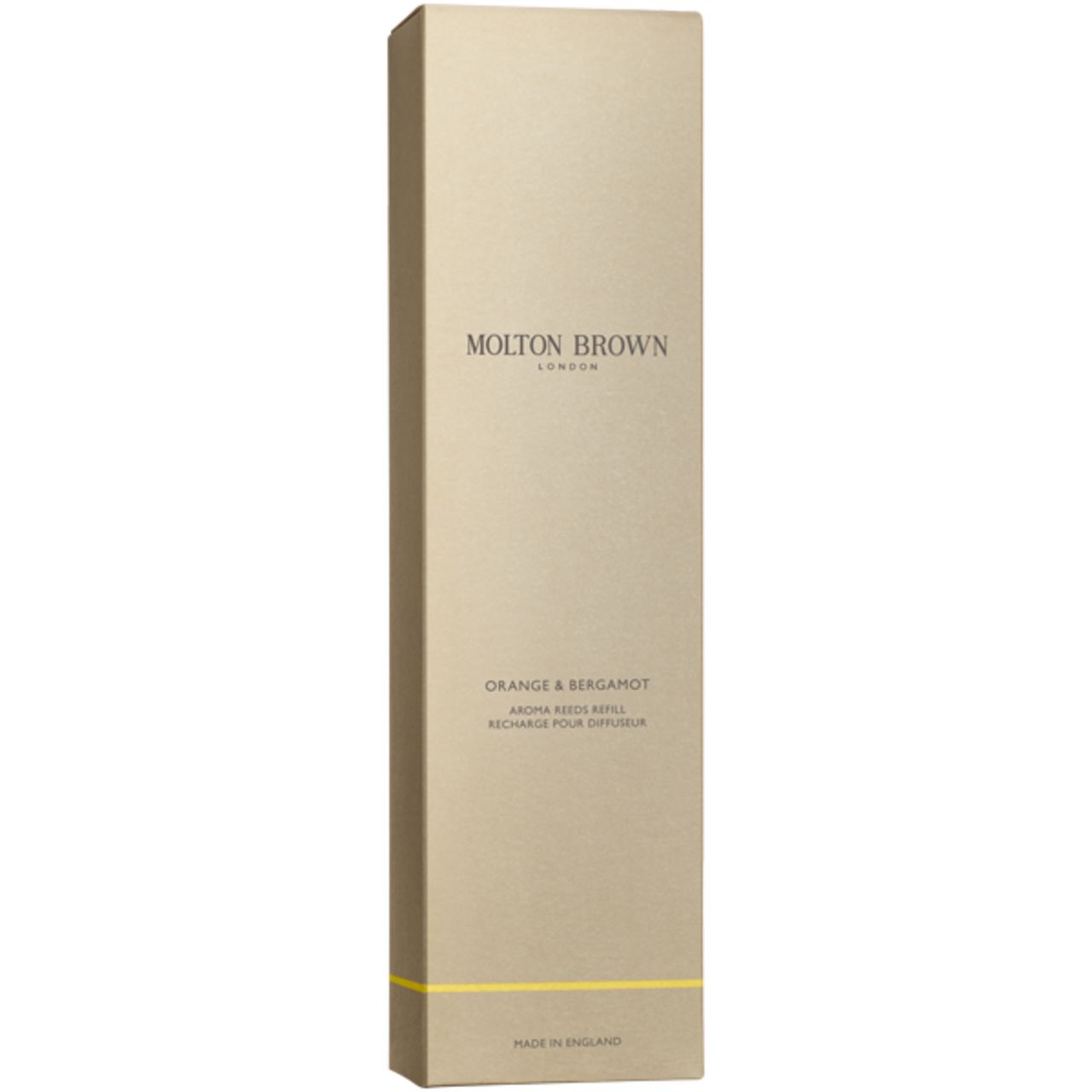 Verpackung für Molton Brown Orange & Bergamotte Aroma Refill, goldfarben mit gelbem Streifen.