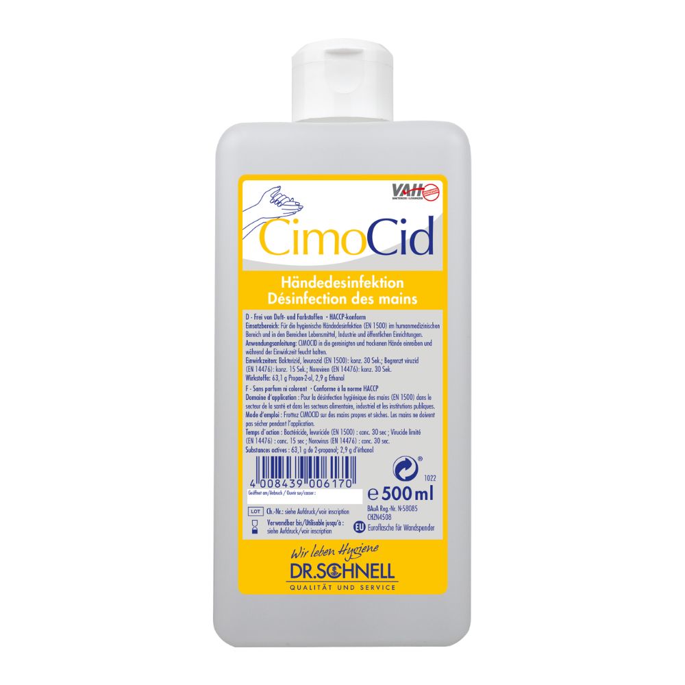 Flasche mit CIMOCID Händedesinfektion. Gelbes Etikett mit Produktnamen, Hand-Symbol und Text. VAH-Logo. DR.SCHNELL Logo.