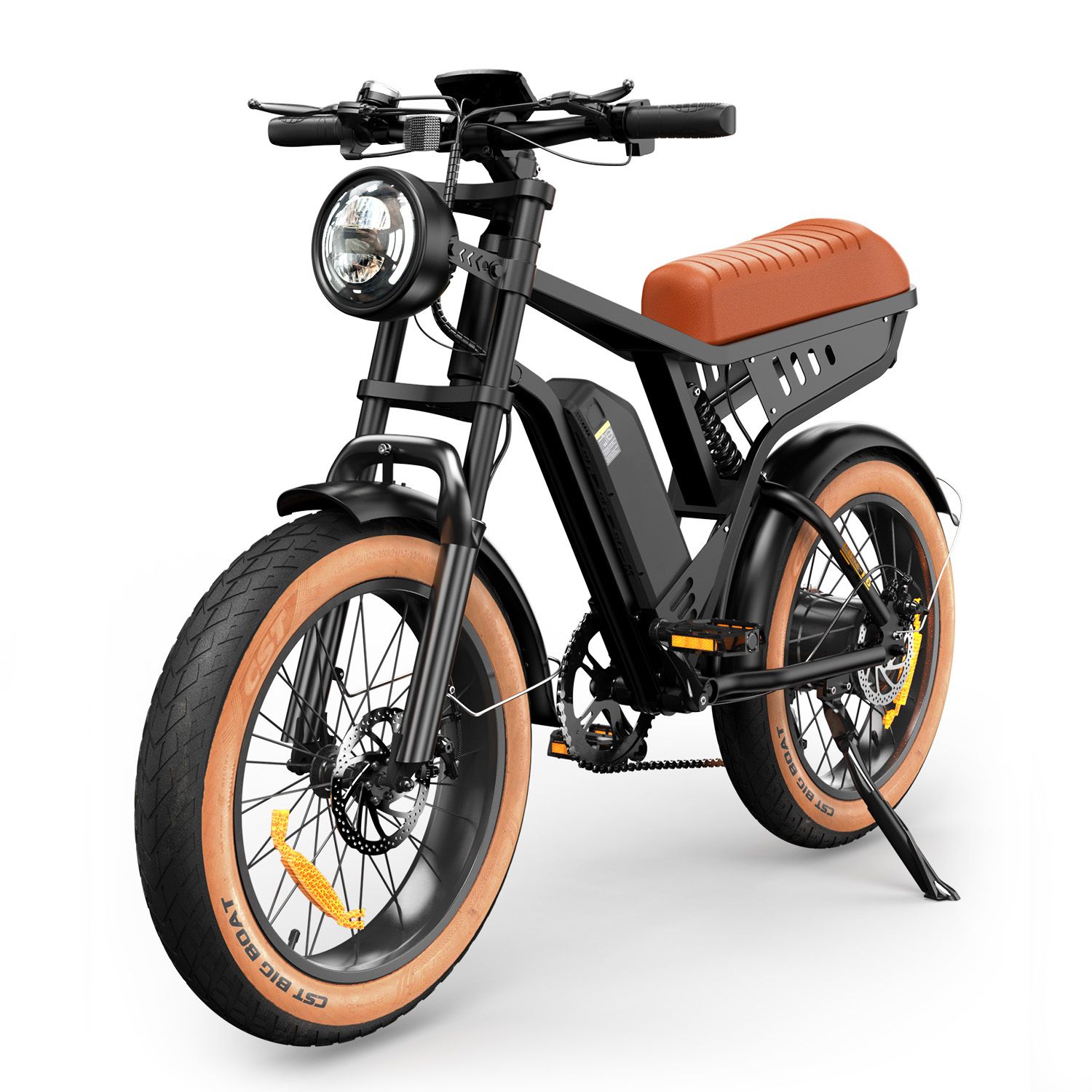 Schwarzes E-Bike mit braunem Sattel und Reifen. Große Reifen, Scheinwerfer und Batterie.