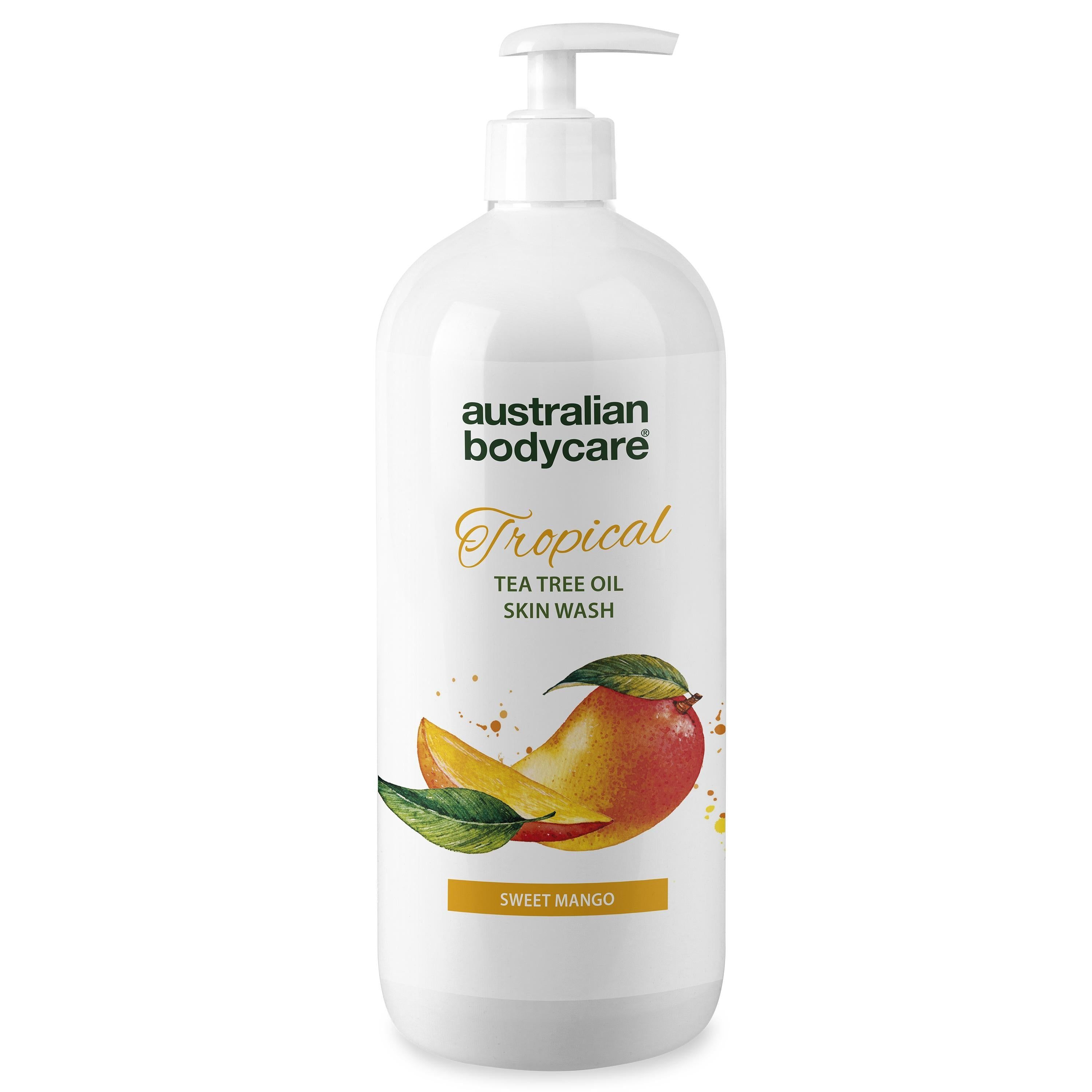 Weißer Spender mit Produktetikett. Mango-Illustration. Text: Australian Bodycare, Tropical, Tea Tree Oil Skin Wash, Sweet Mango.