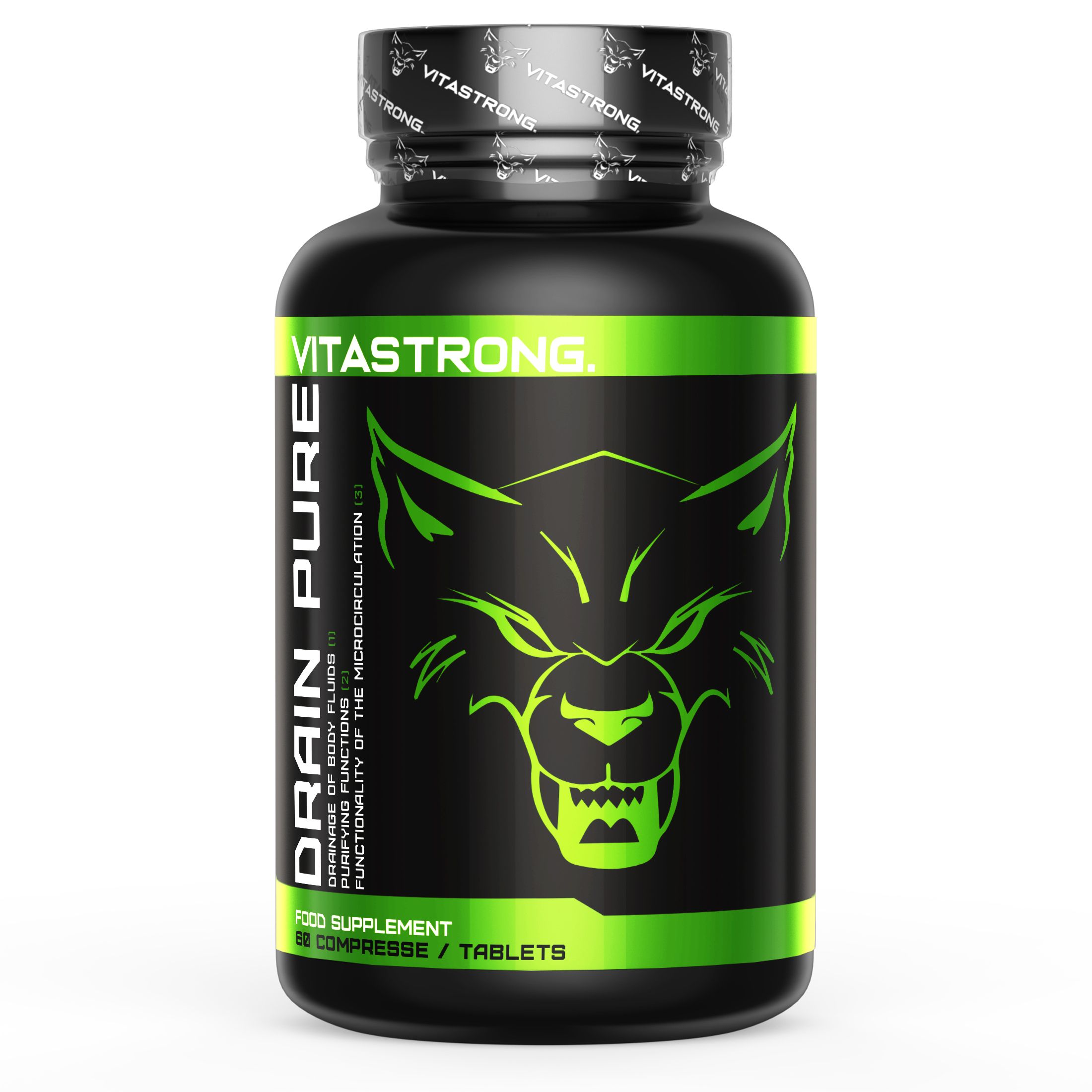 Vitastrong Drainpure, schwarze Flasche mit grünem Etikett. 60 Tabletten.