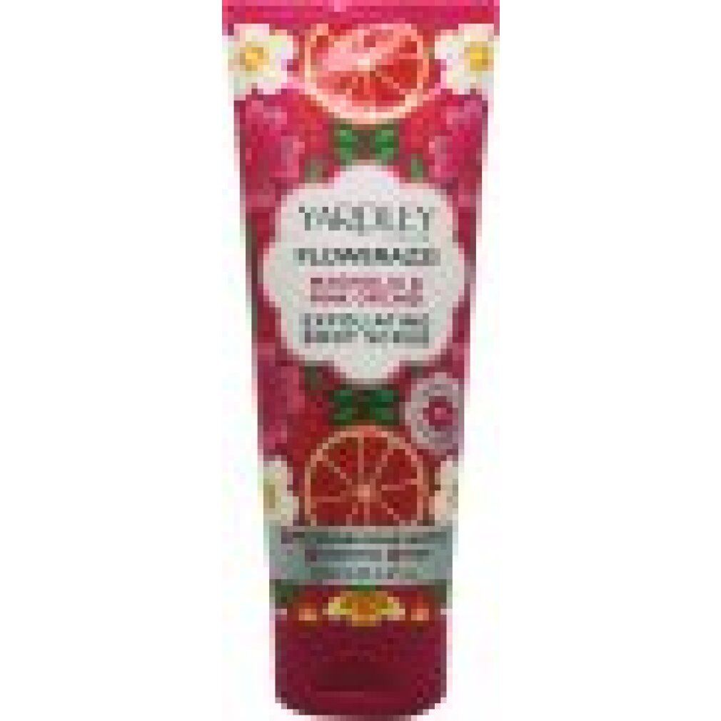 Rosa Tube mit floralem Design und Produktnamen. Text: Flowerazzi Magnolia & Pink Orchid Exfoliating Body Scrub.