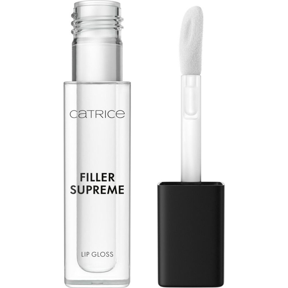 Lipgloss-Tube mit schwarzem Deckel und Applikator. Schriftzug: CATRICE, FILLER SUPREME, LIP GLOSS.