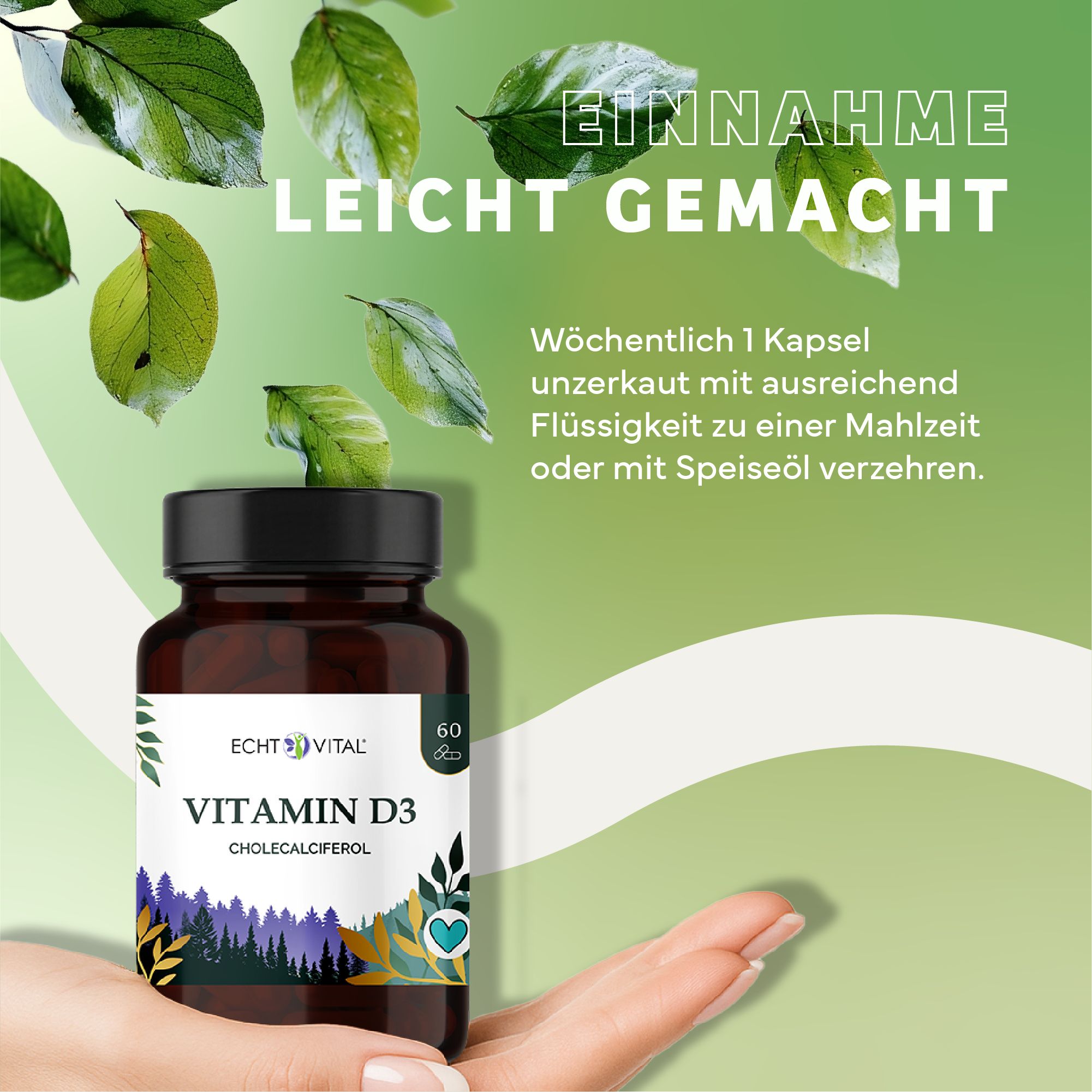Braune Flasche mit weißem Etikett. Aufschrift: Echt Vital Vitamin D3. Flasche wird von einer Hand gehalten. Grüne Blätter im Hintergrund.