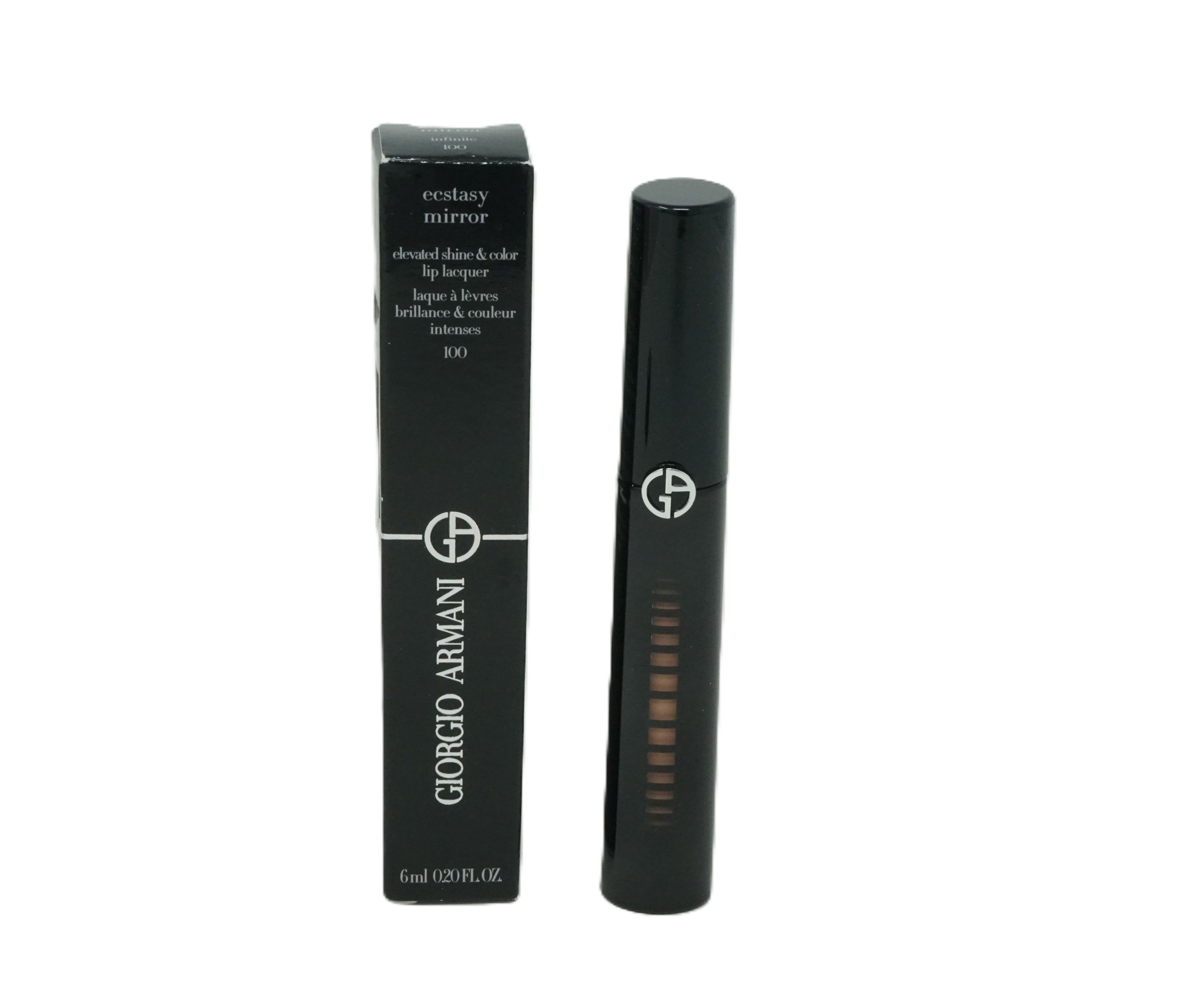 Schwarze Lippenlack-Tube und Schachtel. Auf der Schachtel: Giorgio Armani, Ecstasy Mirror, 100. Auf der Tube: Logo.