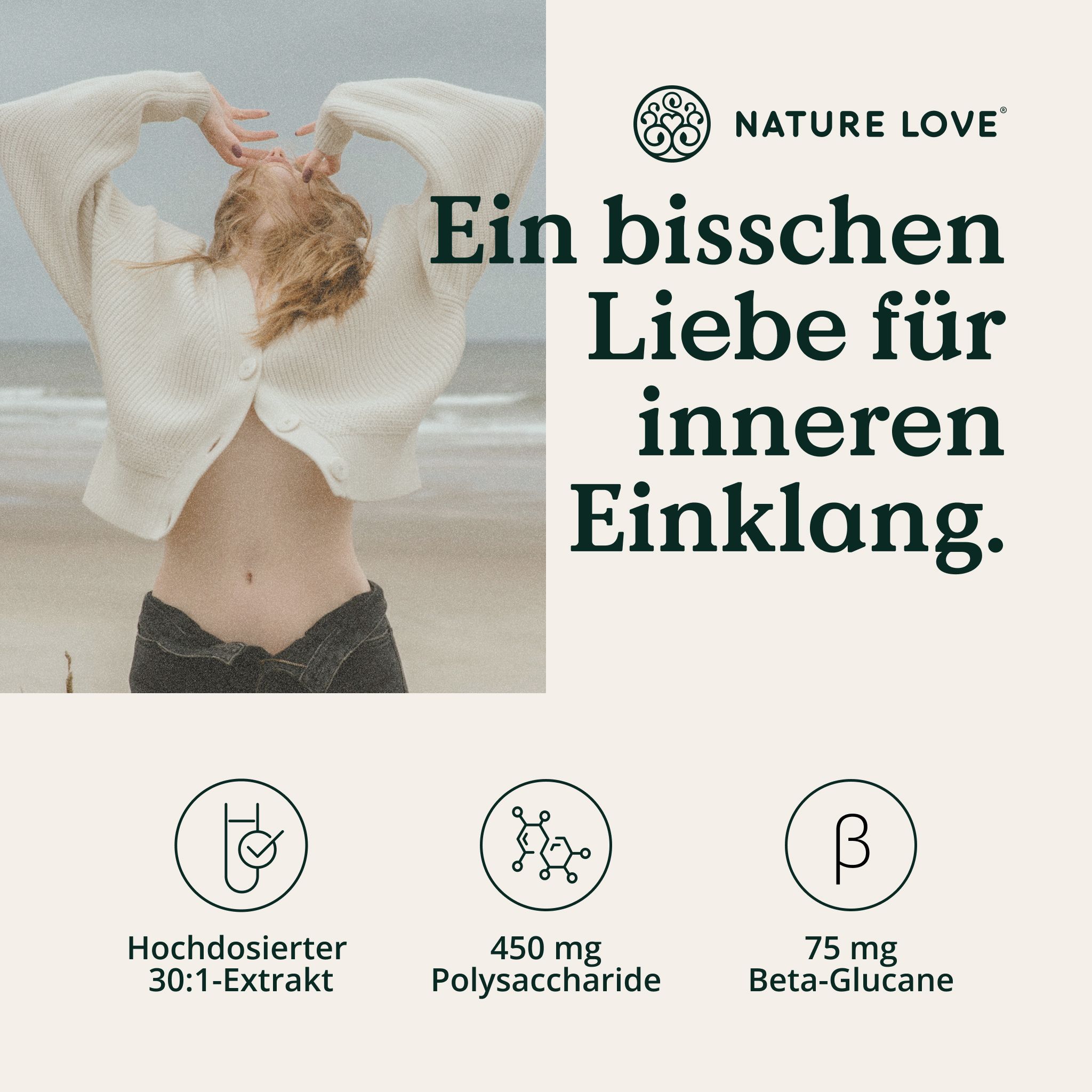 NATURE LOVE Lion's Mane: 30% Polysaccharide mit Beta-Glucanen. Flasche mit 180 Kapseln.