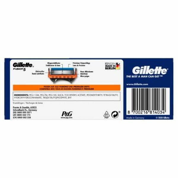 Rückseite der Gillette Fusion5 Ersatzklingen-Verpackung. Enthält Produktinformationen, Inhaltsstoffe, Herstelleradresse und Barcode.