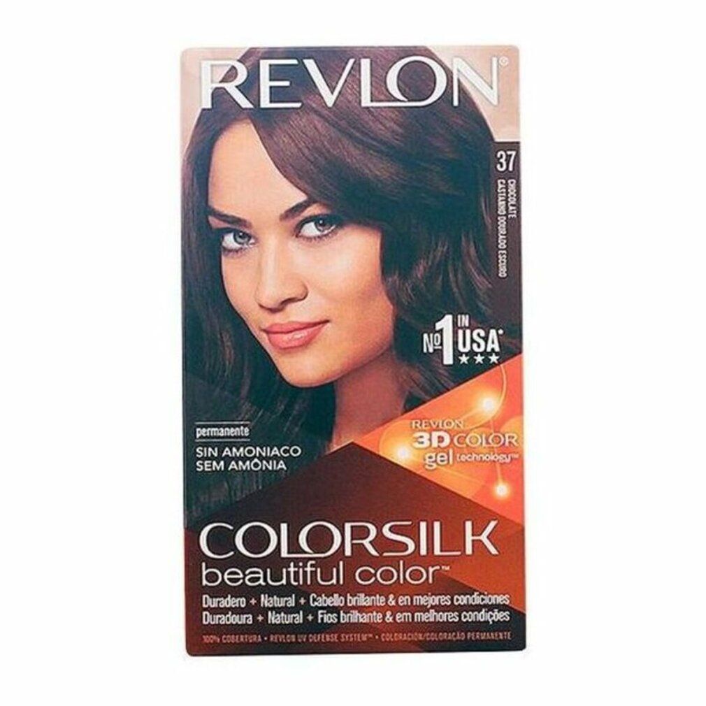Haarfärbemittel-Verpackung. Revlon Colorsilk, Farbton 37, Dark Golden Brown. Enthält eine Abbildung einer Frau mit braunem Haar. Text: Ammonia Free.
