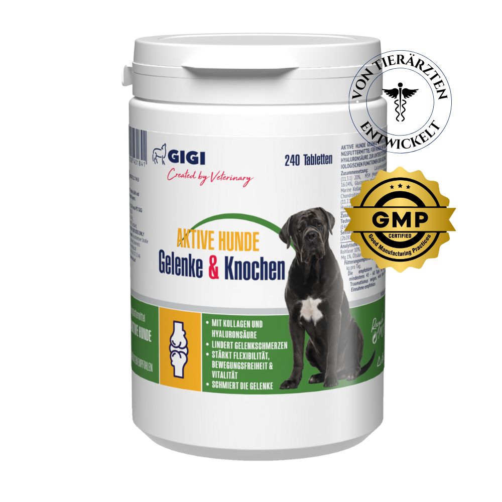 Weiße Dose mit "Aktive Hunde Gelenke & Knochen" und Hund. GMP-Siegel und "Von Tierärzten entwickelt". 240 Tabletten.