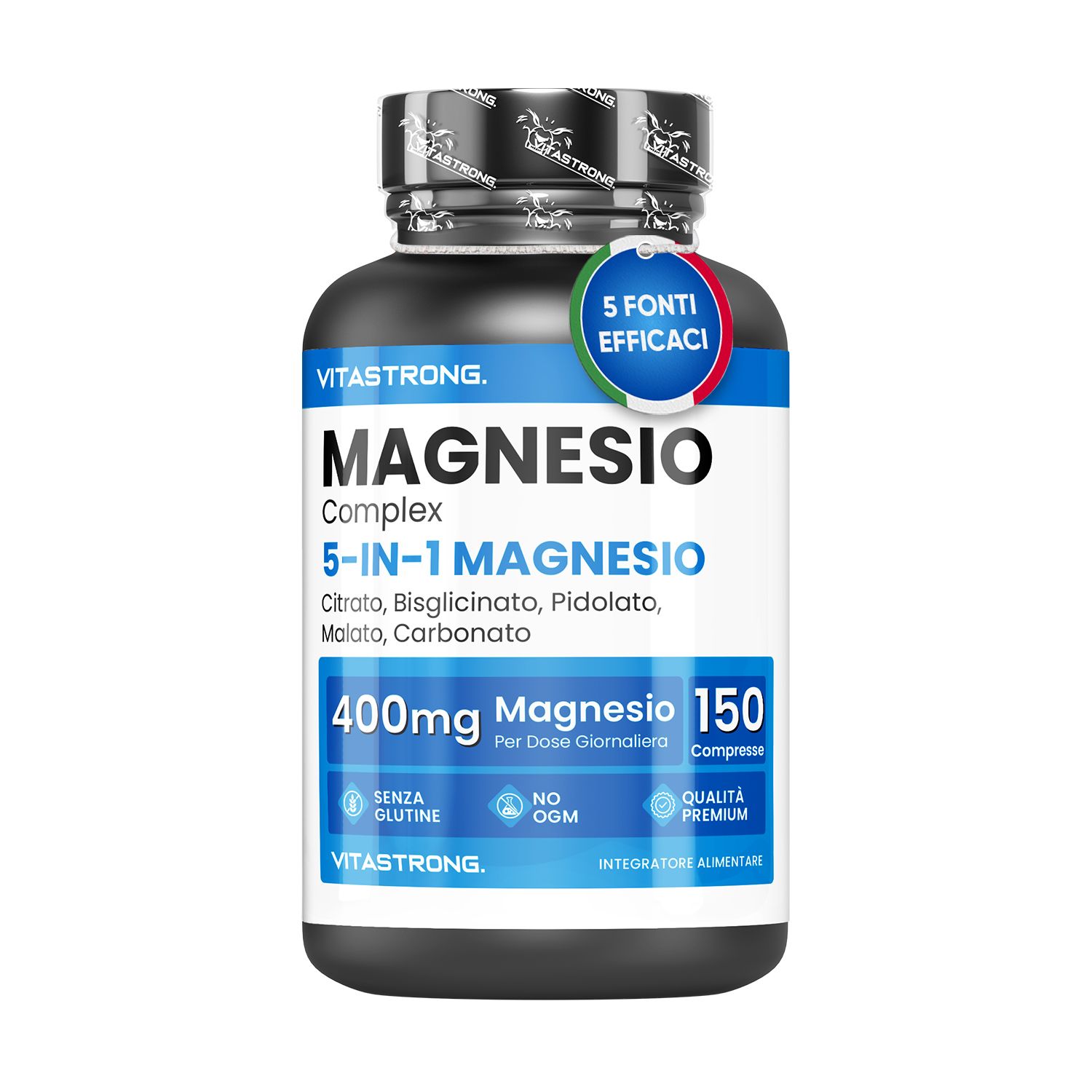 Vitastrong Magnesium-Komplex 5-in-1. Flasche mit Tabletten. 150 Tabletten. 400mg Magnesium. Glutenfrei, ohne GVO.
