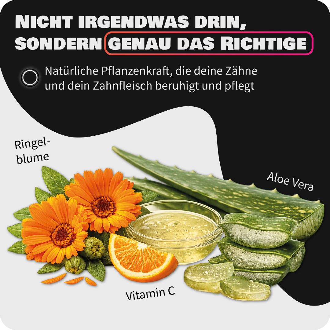 Ringelblume, Aloe Vera und Vitamin C für Zahnheld Mundspülung Mint.