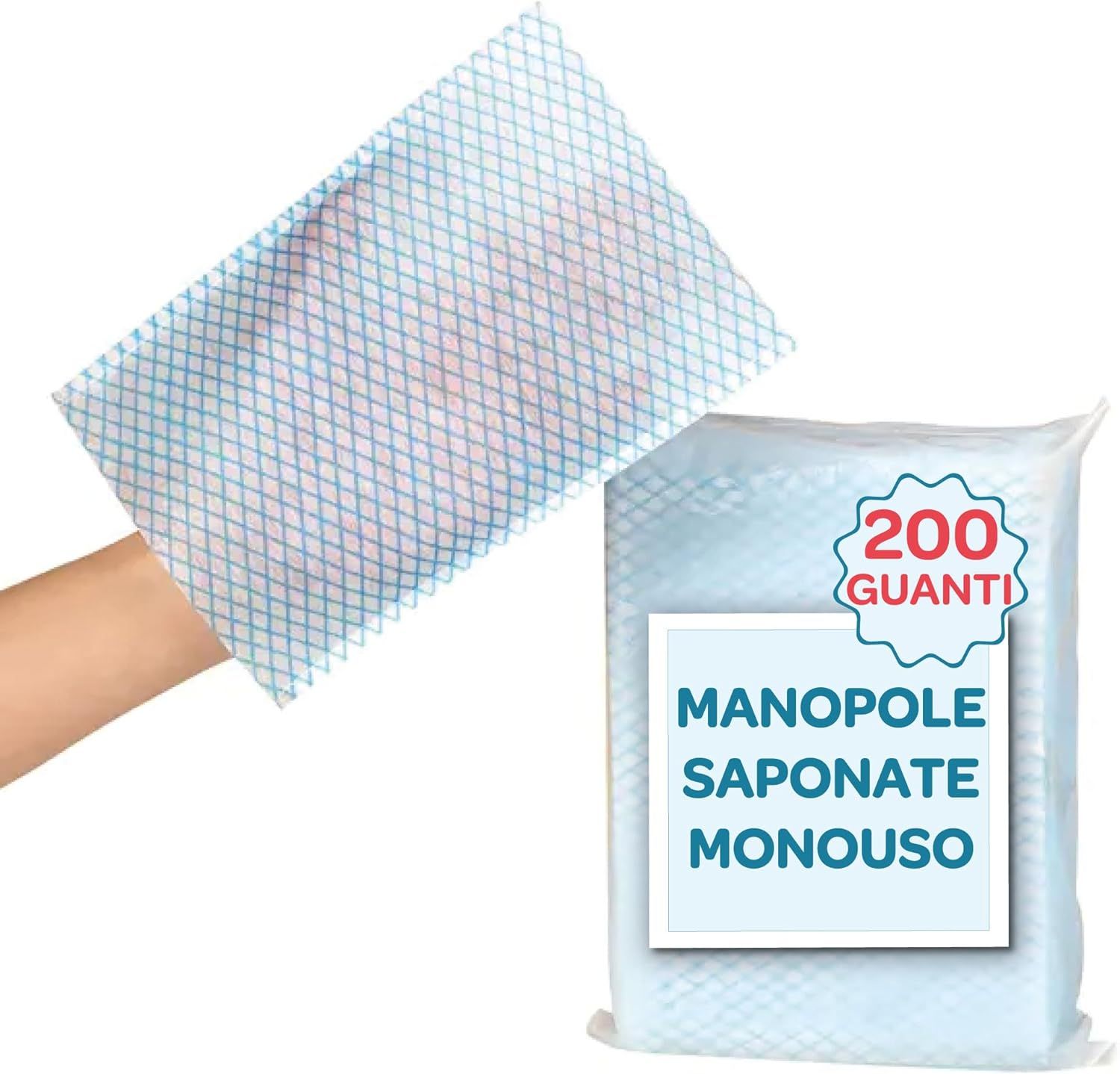 Waschhandschuh, blaues Gittermuster, in der Hand gehalten. Verpackung mit 200 Stück, Text: MANOPOLE SAPONATE MONOUSO.
