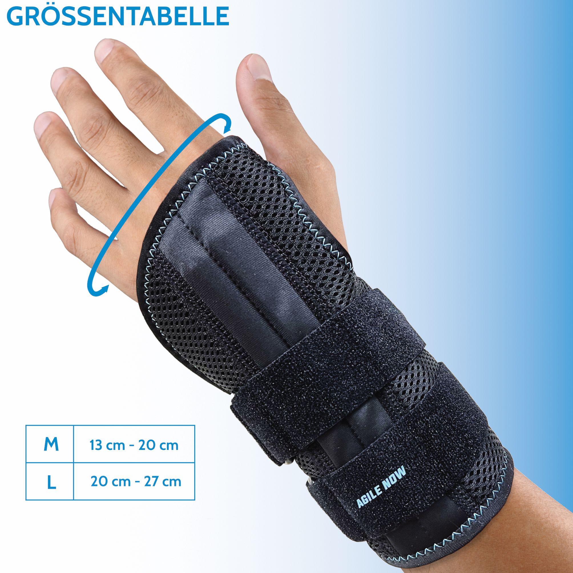 Handgelenkbandage auf einer Hand. Größenangaben: M (13-20 cm), L (20-27 cm). Blaue Markierung um die Hand.