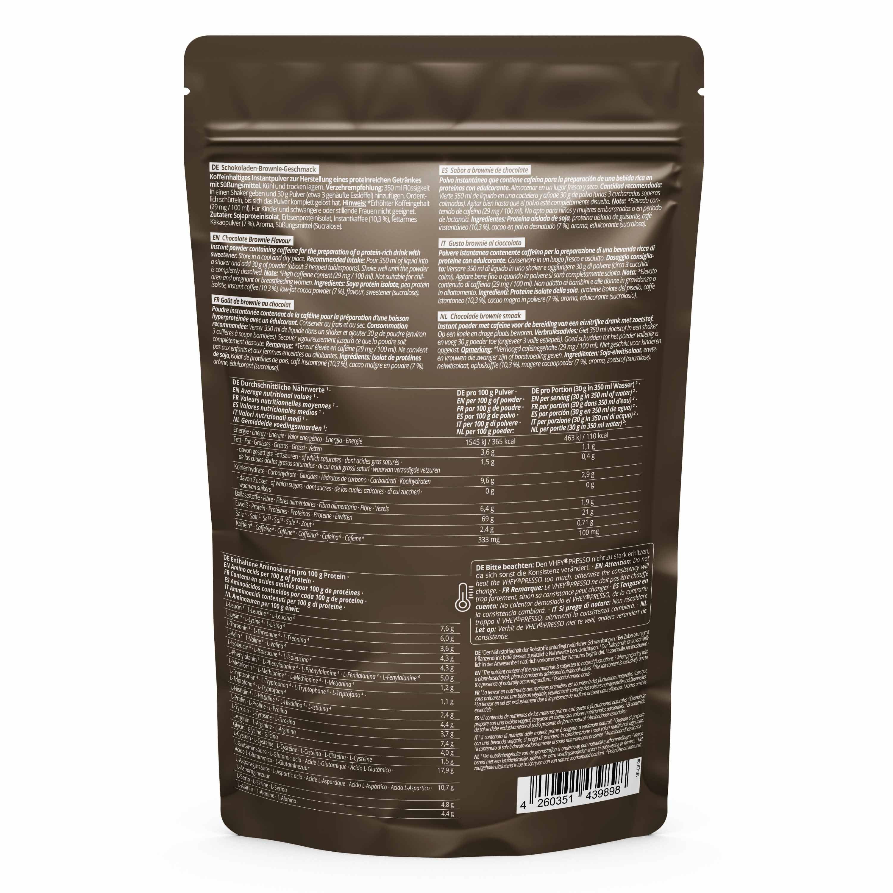 Rückseite einer braunen Standbodenbeutel-Verpackung mit Nährwertangaben und Zutatenliste in mehreren Sprachen.