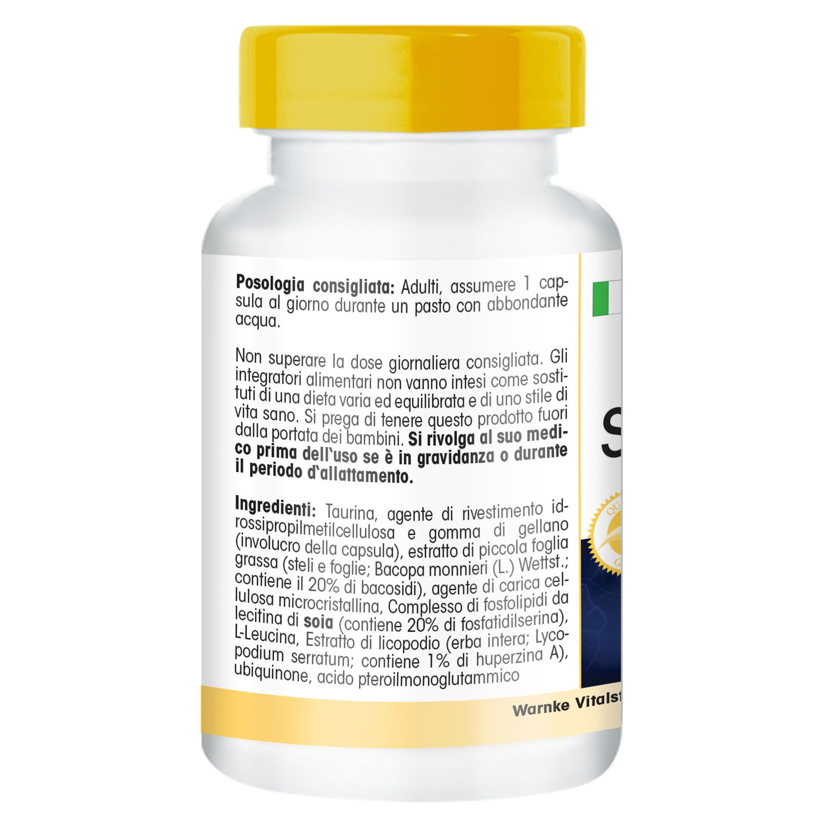 Rückseite der weißen Flasche. Text in italienischer Sprache. Zutatenliste und Warnhinweise. Warnke Vitalstoffe Logo.