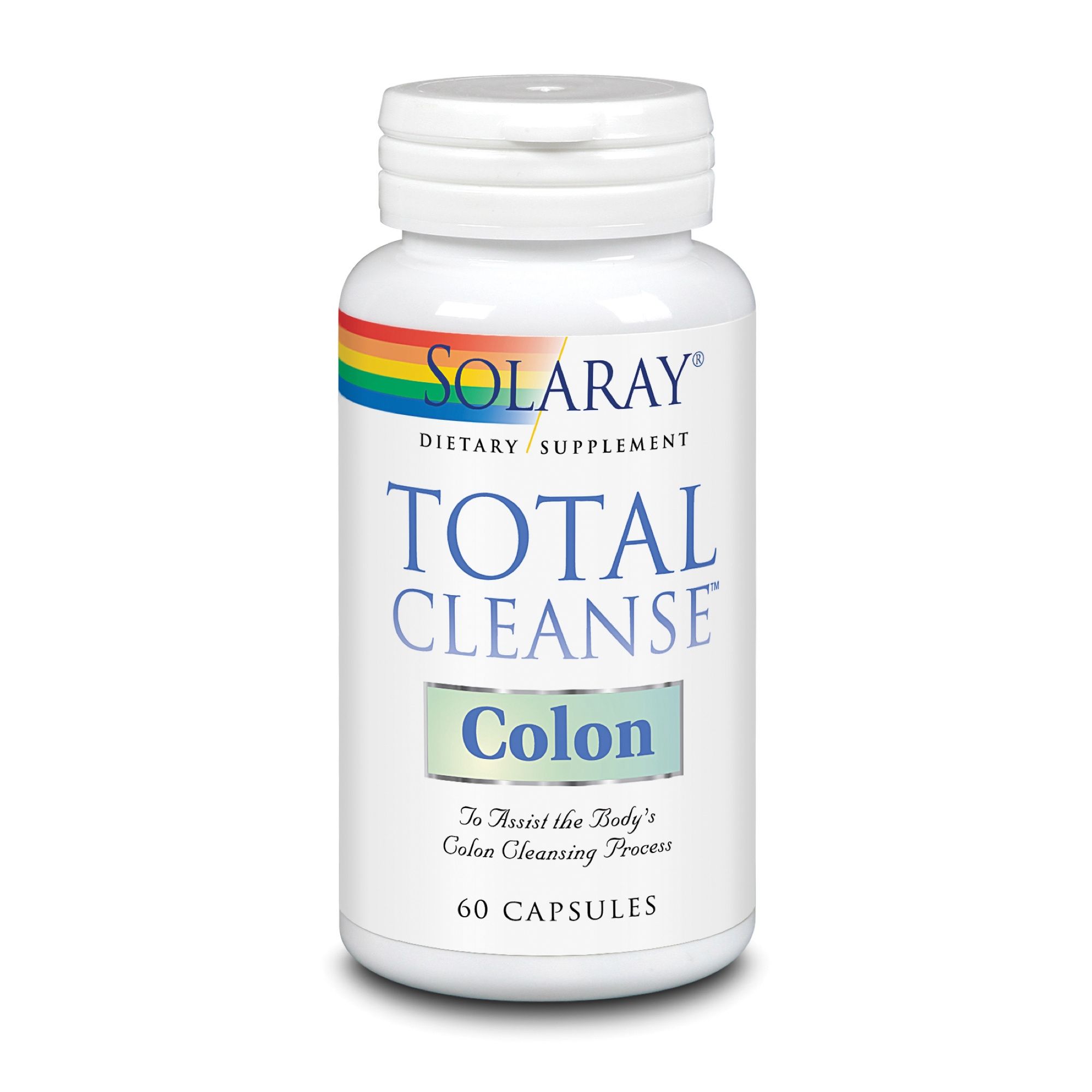 Weiße Flasche Solaray Total Cleanse Colon. 60 Kapseln. Aufschrift: Total Cleanse Colon, Dietary Supplement. Regenbogen-Logo.