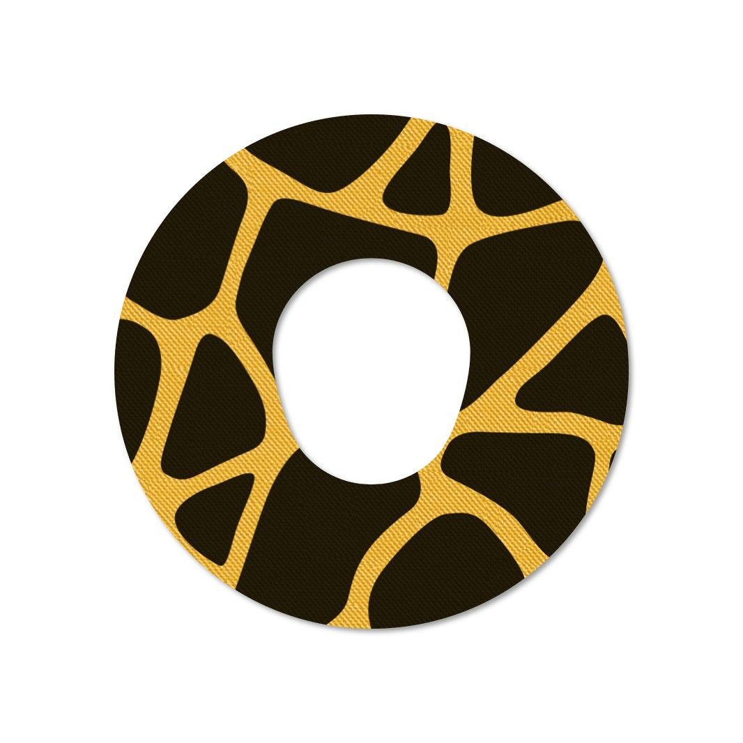 Rundes Fixierpflaster mit Giraffenmuster. Gelbe Linien auf braunem Hintergrund.
