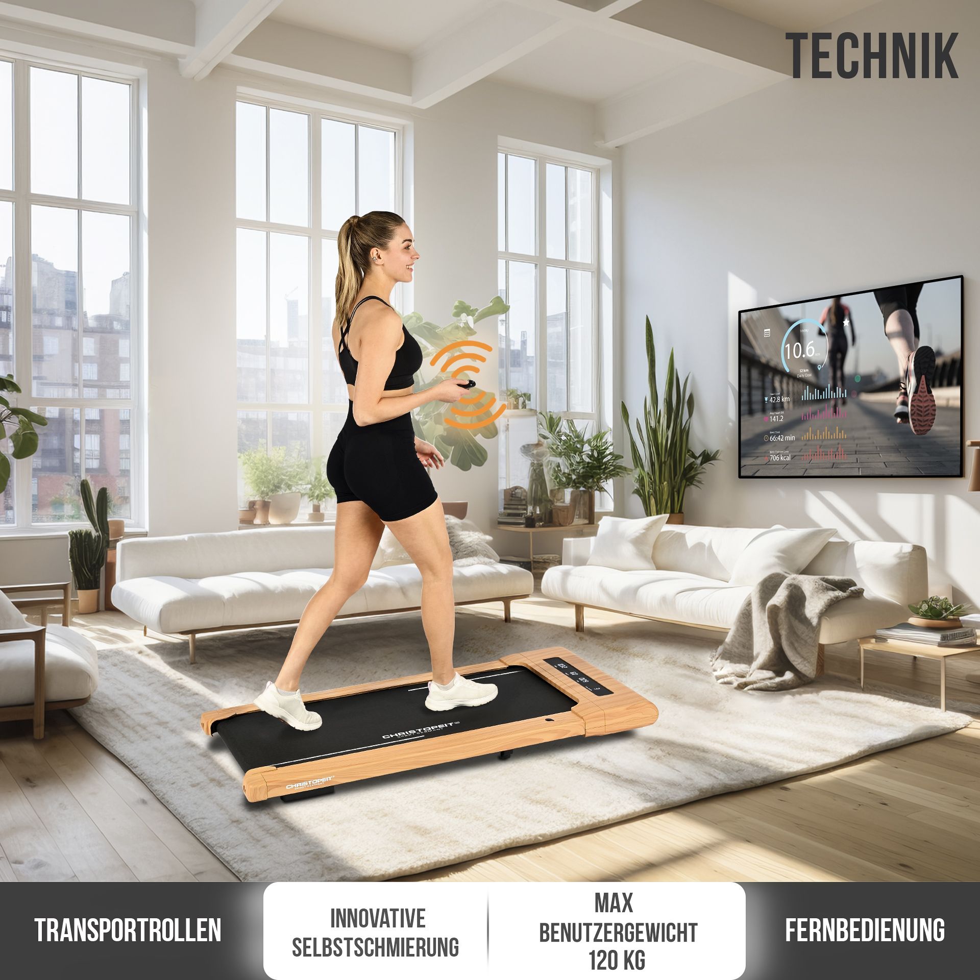 Gehpad mit Holzoptik. Frau trainiert in einem Wohnzimmer. Text: Transportrollen, Fernbedienung, 120 kg.