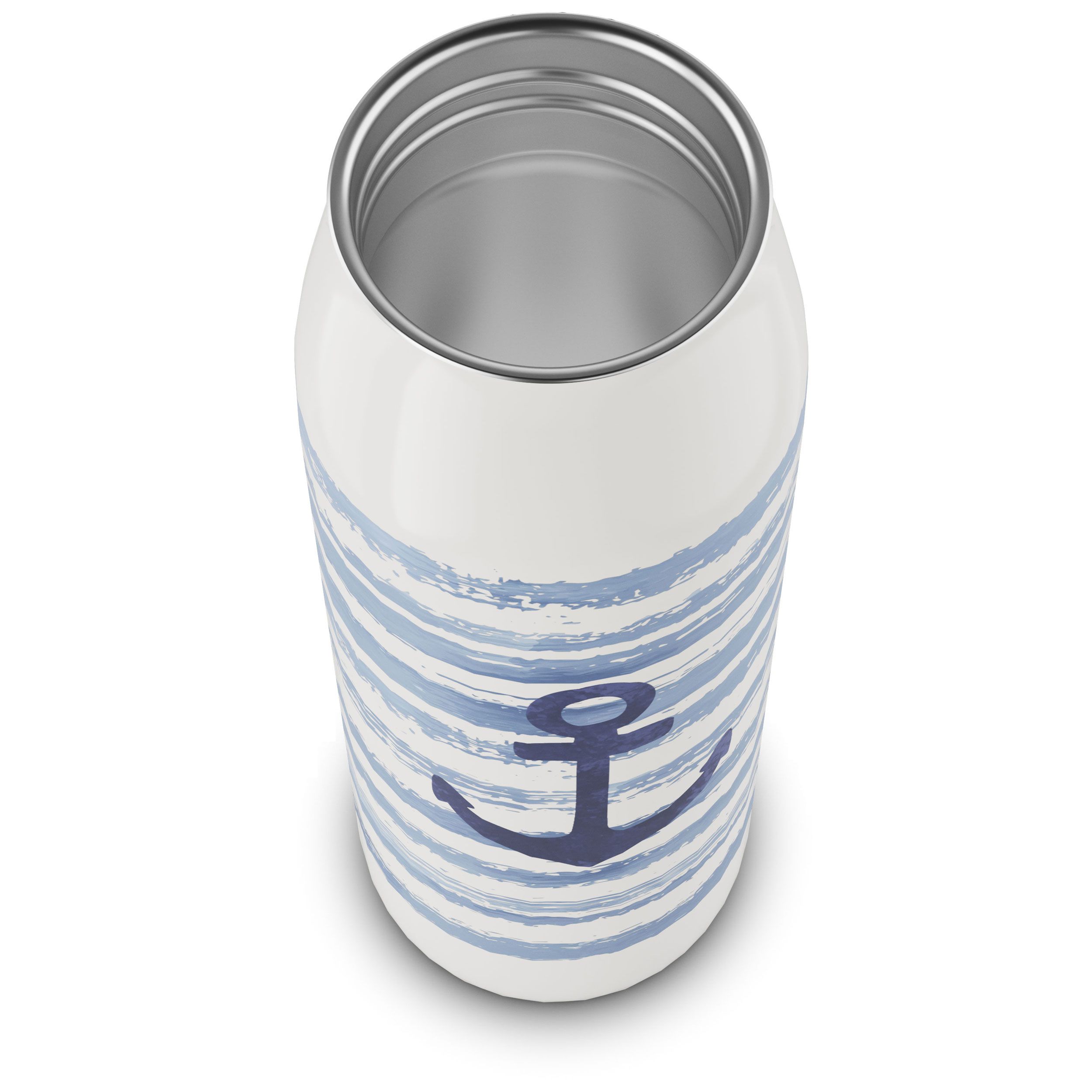 Oberansicht des Innenraums einer weißen Trinkflasche mit blauem Anker und Streifen.