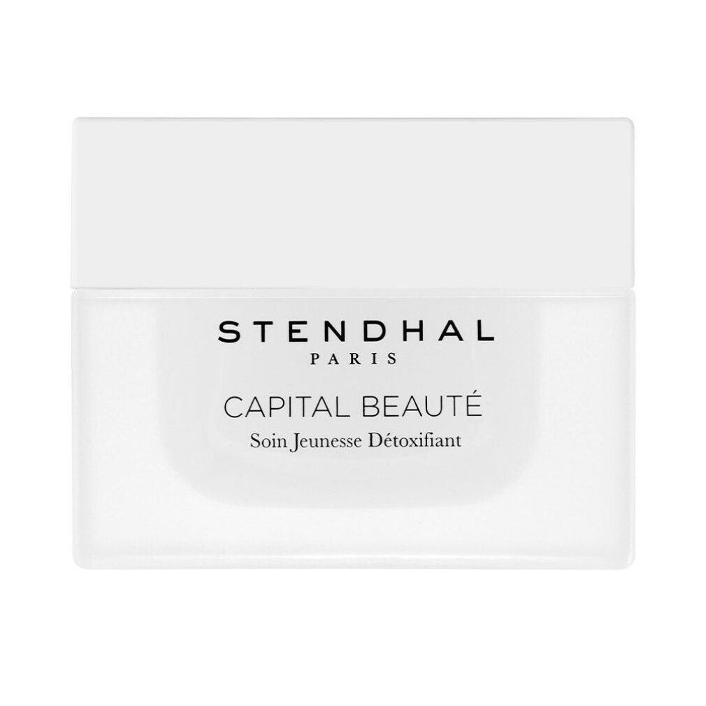 Weißer Tiegel mit Deckel. Aufschrift: STENDHAL PARIS, CAPITAL BEAUTÉ, Soin Jeunesse Détoxifiant.