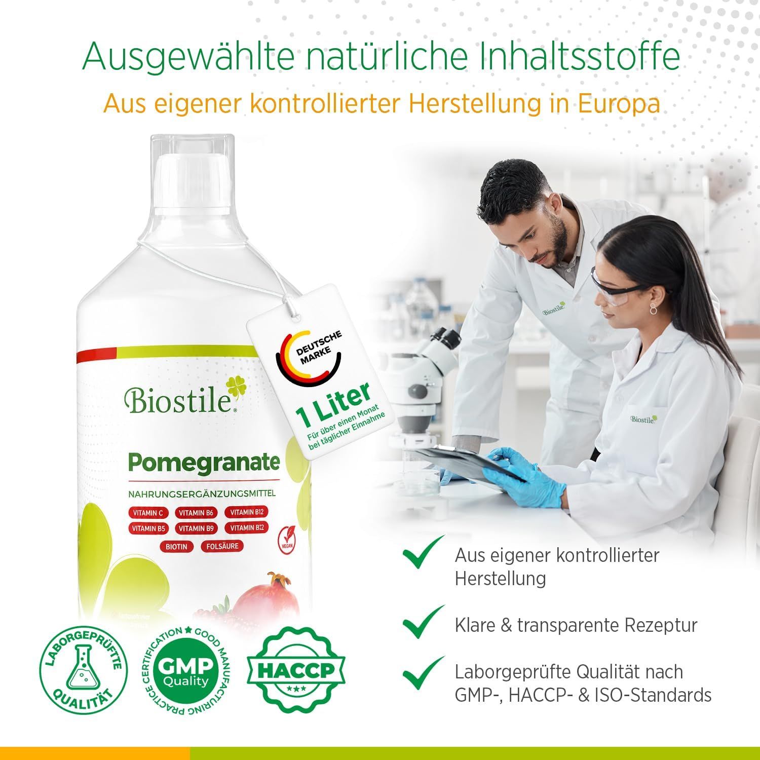 Biostile Granatapfelsaft Flasche, 1L. Laborumgebung, GMP, HACCP, ISO-Standards.