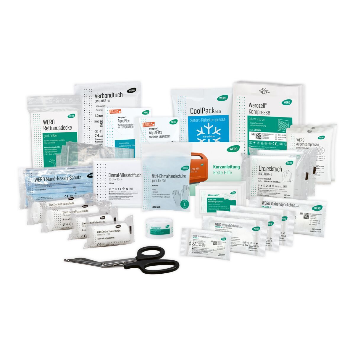 Erste-Hilfe-Set mit verschiedenen Verbandsmaterialien, Kühlkompresse, Schere und Mund-Nasen-Schutz. Einzelne Komponenten in weißen Verpackungen.