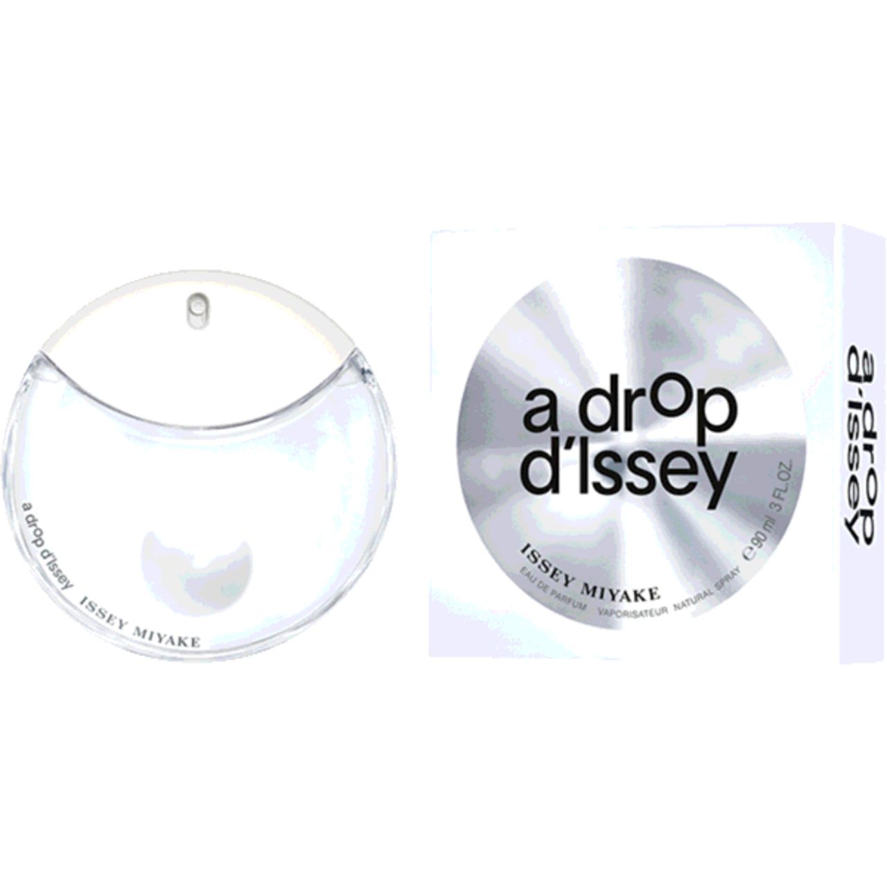 Runder Flakon und Verpackung. Aufschrift: a drop d'Issey, ISSEY MIYAKE.