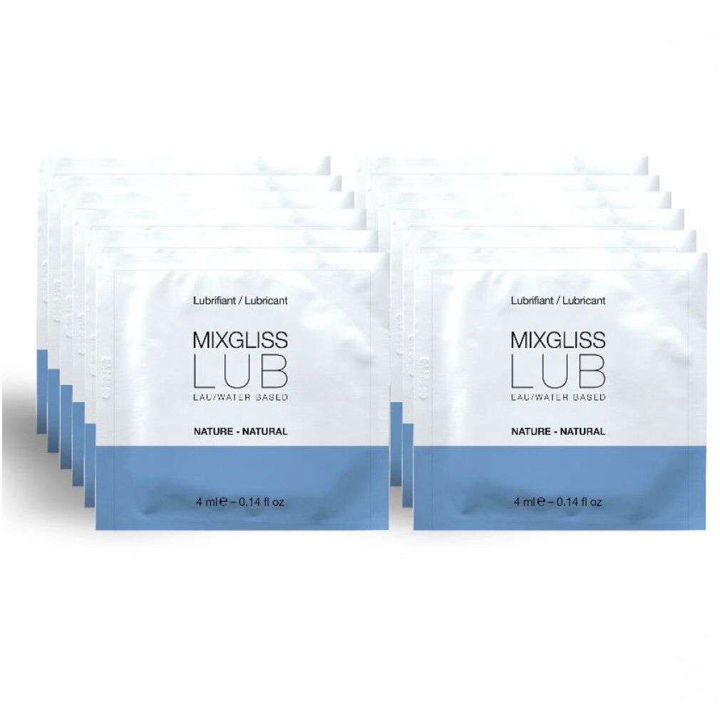 Mehrere Einzelpackungen Gleitgel. Weiße Beutel mit blauem Streifen und Produktbezeichnung. Aufschrift: MIXGLISS LUB, eau/water based, nature - natural.