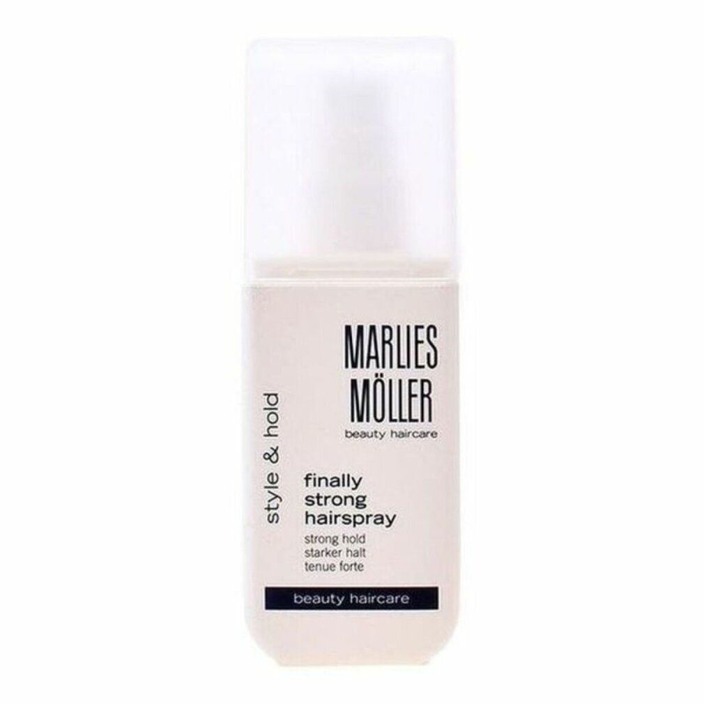 Haarspray von Marlies Möller. Weißer Behälter mit schwarzem Aufdruck. Aufschrift: finally strong hairspray.