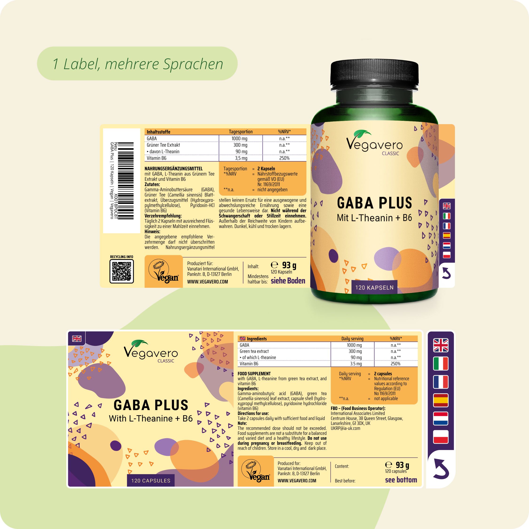 Vegavaro Gaba Plus Dose und Etiketten mit Nährwertangaben und Sprachen.