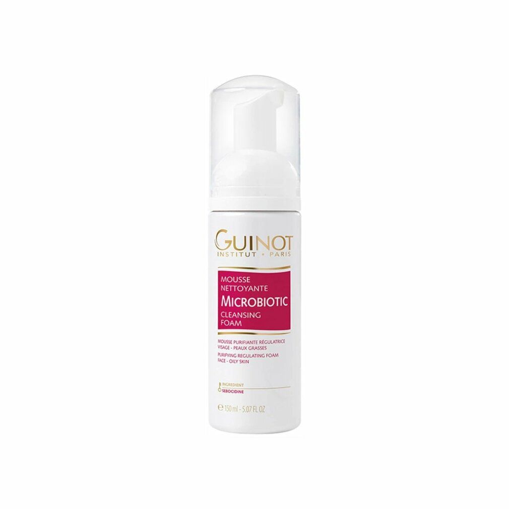 Weiße Flasche mit Sprühkopf. Roter Aufkleber mit Schriftzug: Microbiotic Mousse. Guinot Logo. Für Mischhaut.