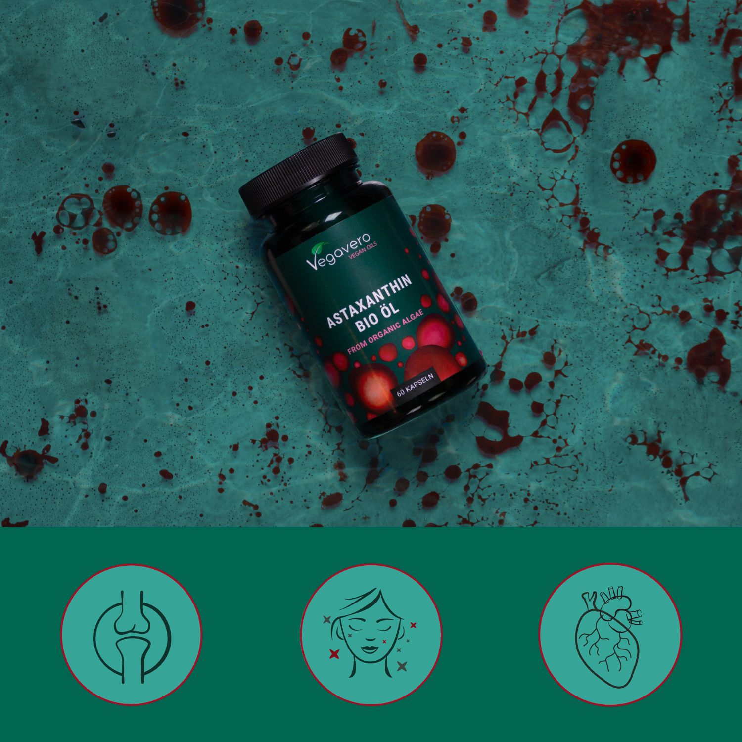 Grüne Flasche mit schwarzen Deckel. Aufschrift: Astaxanthin Bio Öl, 60 Kapseln. Marke: Vegavaro Vegan Oils. Hintergrund: Flecken.