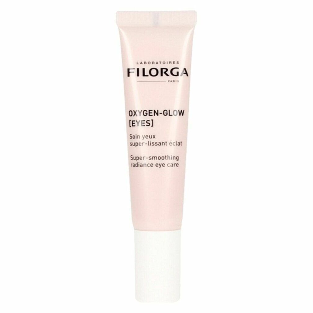 Rosa Tube mit weißem Deckel. Aufschrift: Filorga, Oxygen-Glow [Eyes], Super-smoothing radiance eye care.