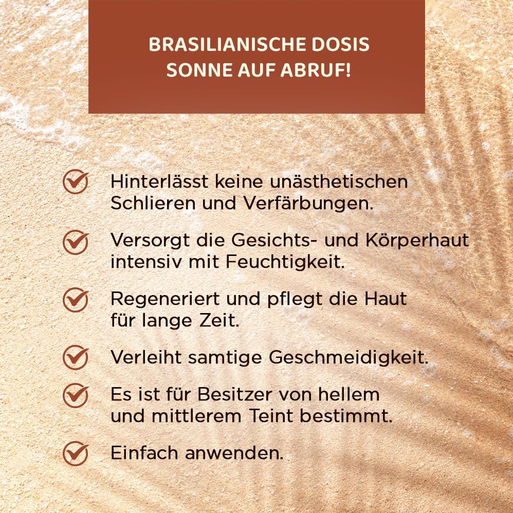 Text mit Vorteilen des Selbstbräunungssprays: keine Streifen, Feuchtigkeit, Regeneration, Geschmeidigkeit, für helle Haut.