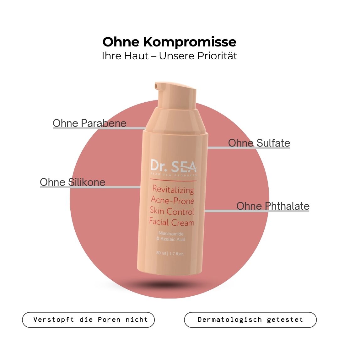 Creme-Tube mit Text. Text: Ohne Parabene, Sulfate, Silikone, Phthalate. Aufschrift: Dermatologisch getestet.