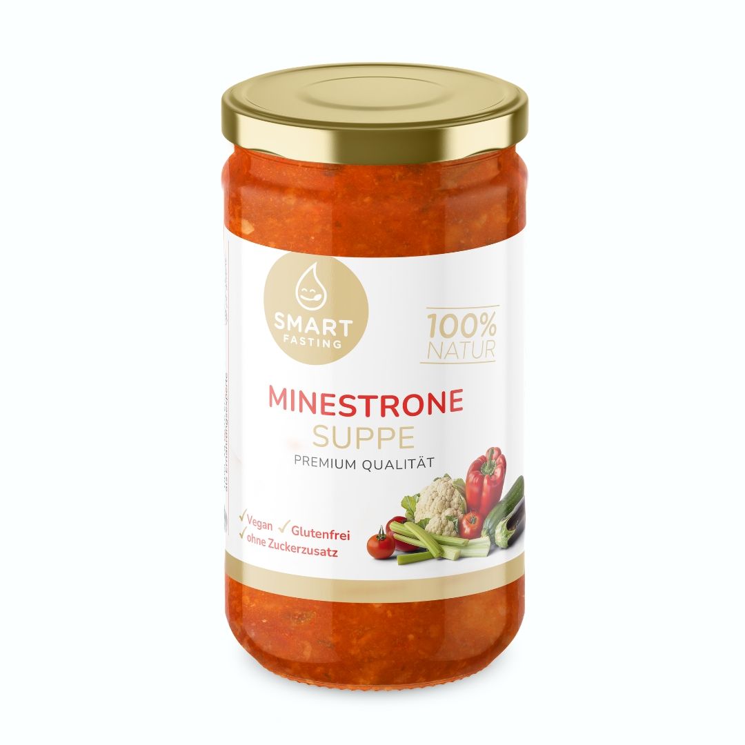 Glas Smart Fasting Minestrone Suppe. Aufschrift: Vegan, glutenfrei, ohne Zuckerzusatz. Logo: Smart Fasting, 100% Natur. Gemüseabbildung.