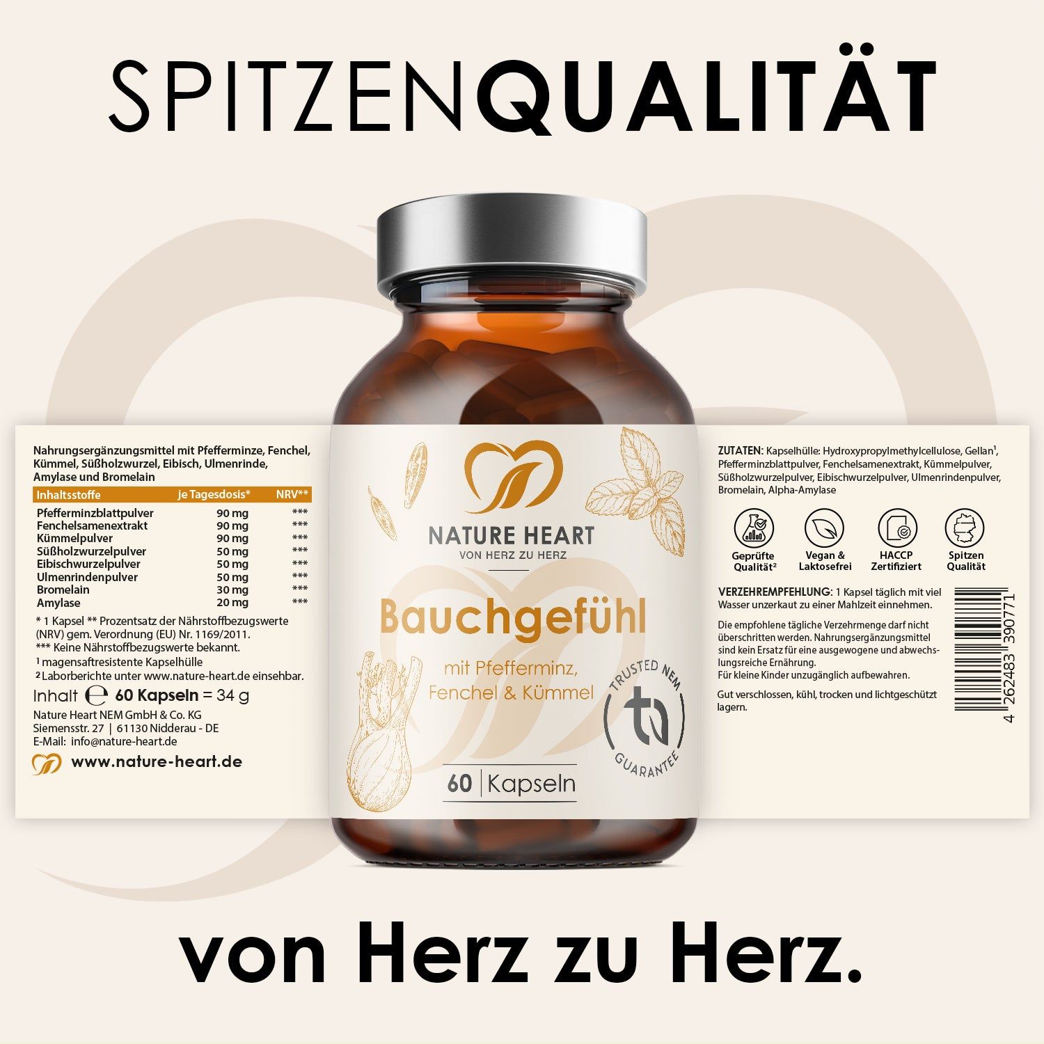 Produktflasche mit Etikett. Text: Spitzenqualität, Nature Heart Logo, Bauchgefühl, Zutaten, 60 Kapseln. Aufgedruckte Nährwertangaben. Trusted NEM-Siegel.