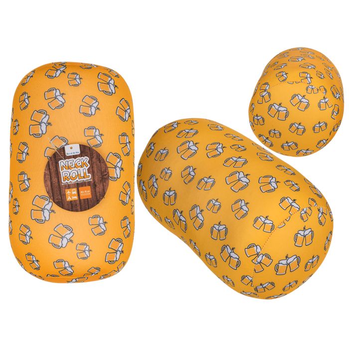 Gelbe Nackenrolle mit Bierkrug-Muster. Aufdruck: Neck Roll. Mehrere Ansichten: rund, länglich, zylindrisch.