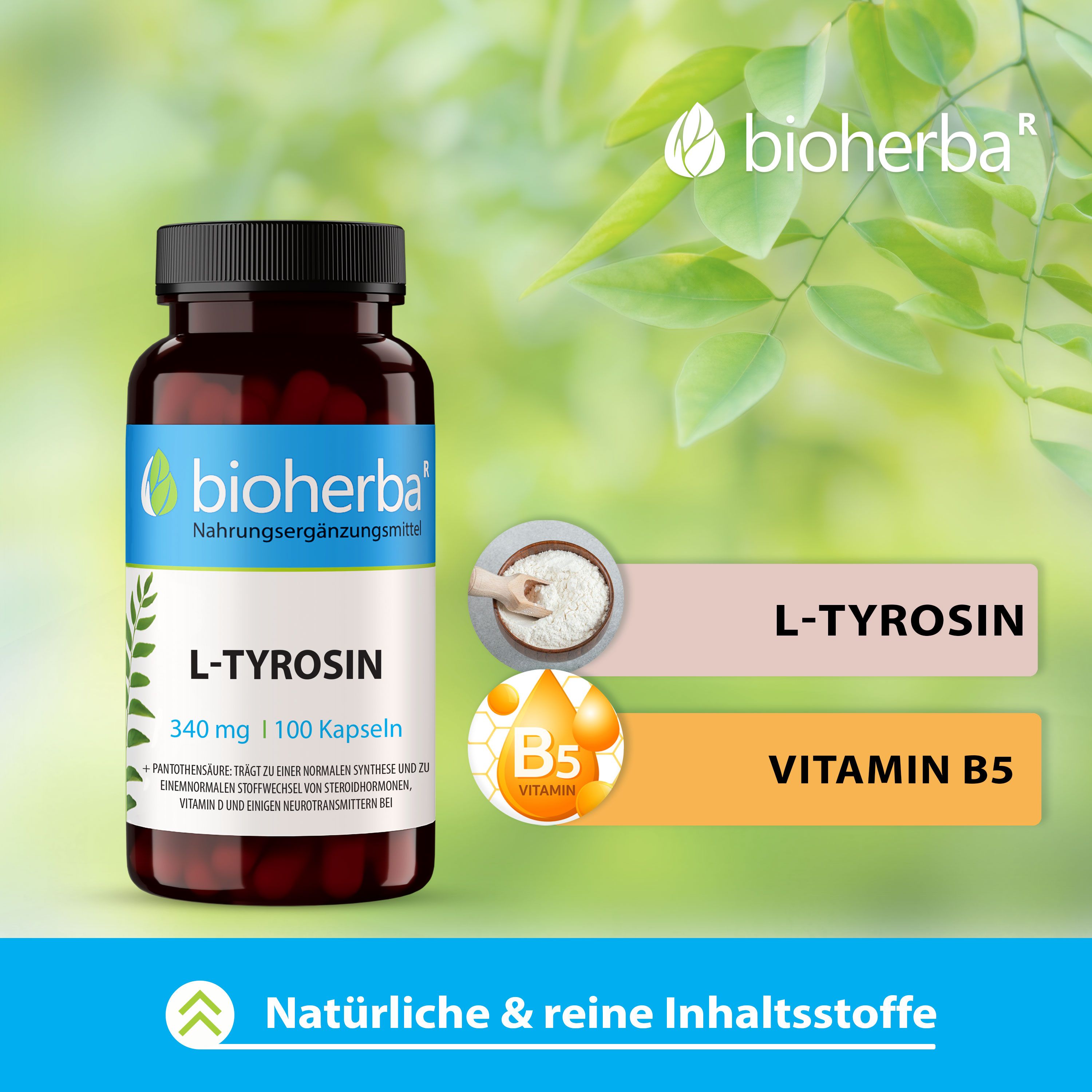 Braune Flasche mit schwarzem Deckel. Produktname und Vitamin B5 auf farbigen Hintergründen. Illustrationen.