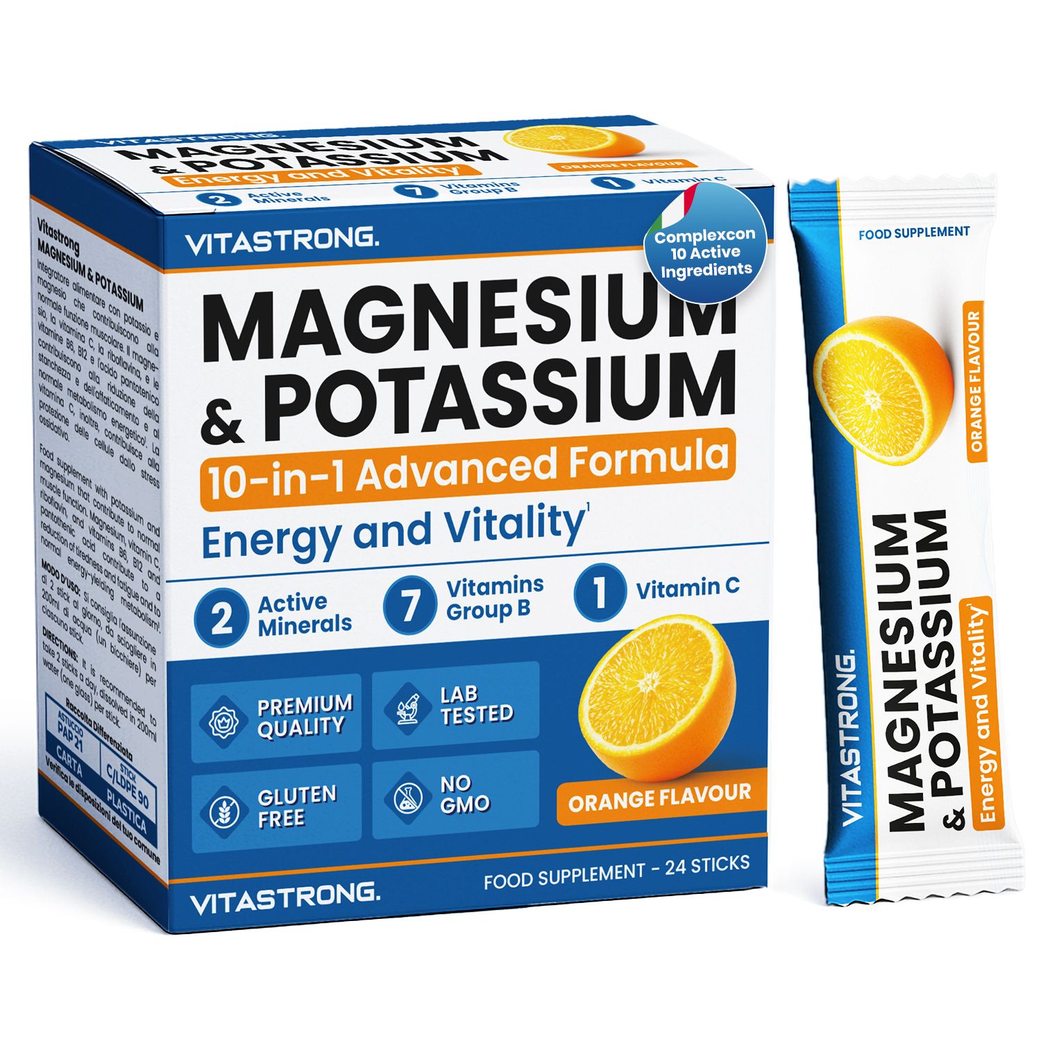 Vitastrong Magnesium & Kalium Packung und Stick. Enthält 24 Sticks. Orange-Geschmack. Premium Qualität, glutenfrei, ohne GVO.