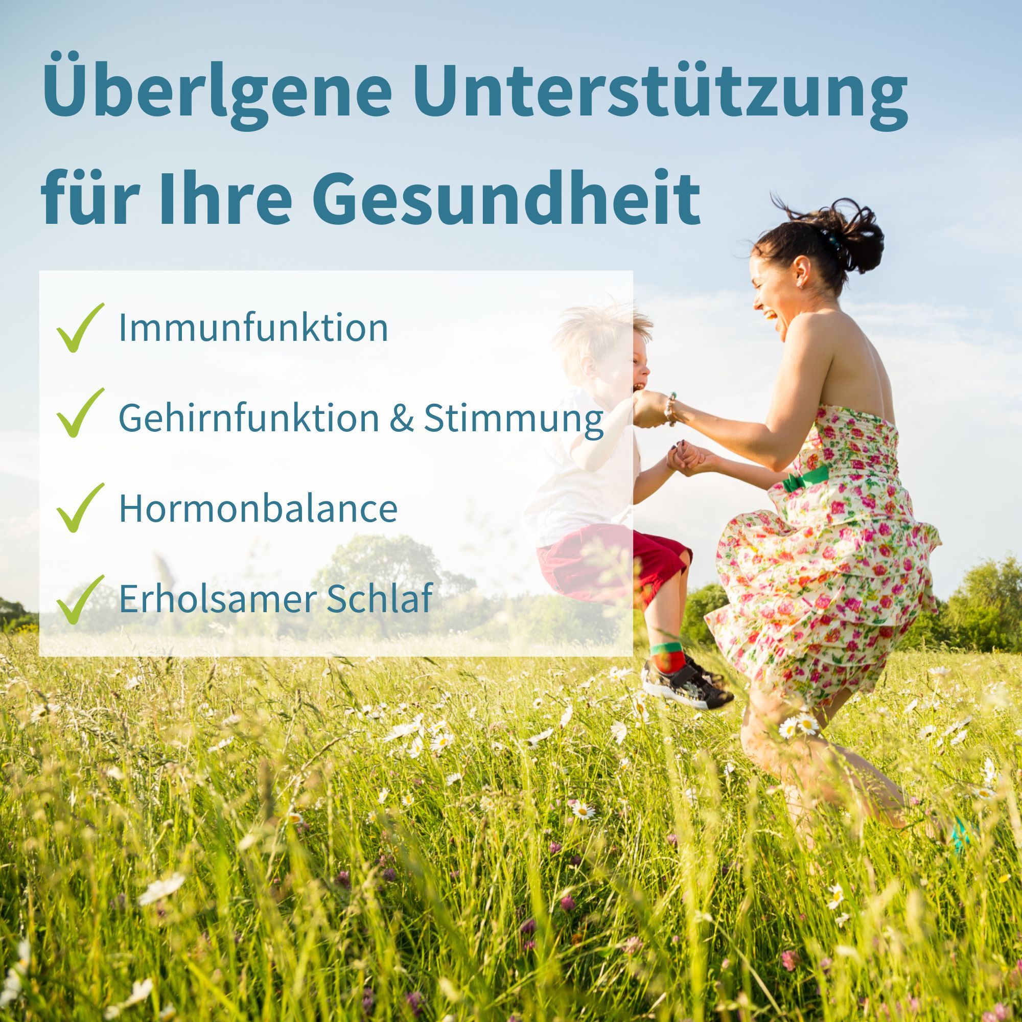 Eine Frau und ein Kind springen auf einer Wiese. Text: Überlegene Unterstützung für Ihre Gesundheit.