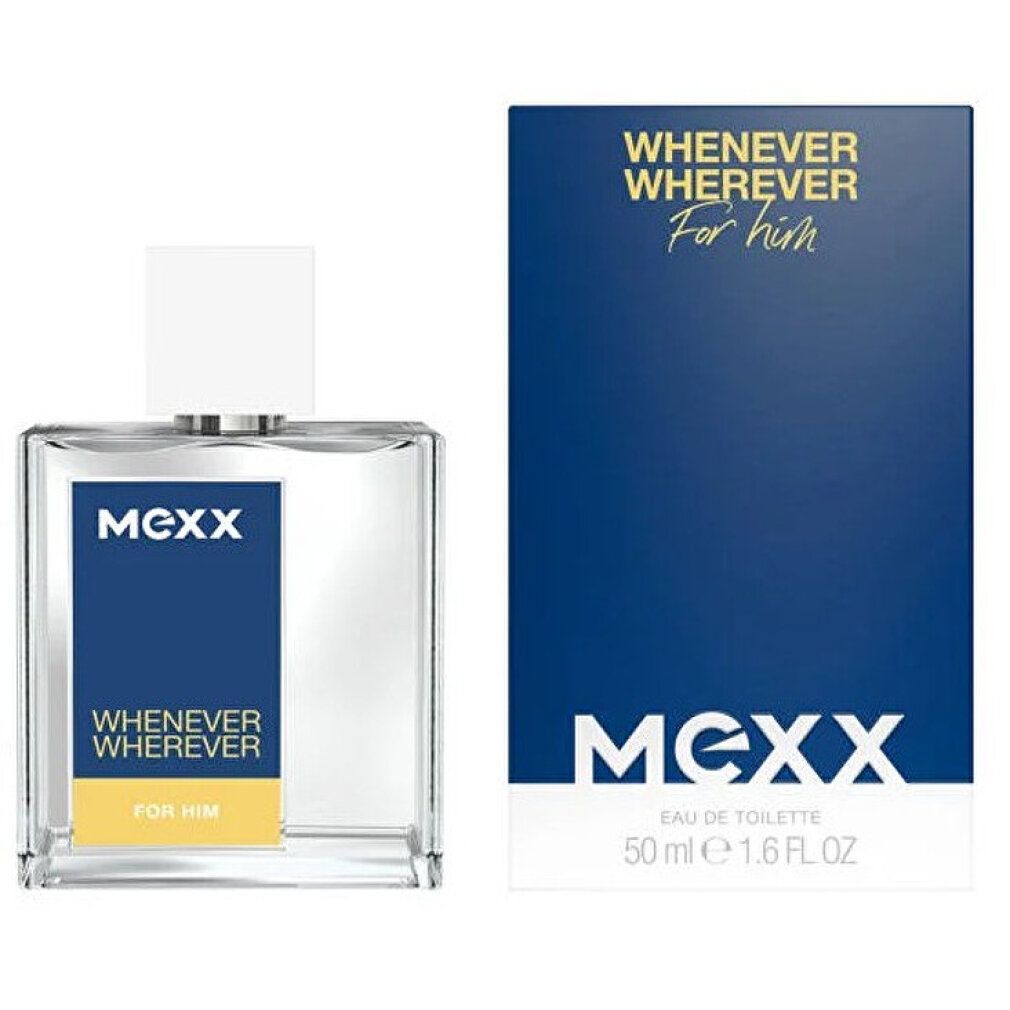 Glasflakon und Verpackung. Flakon mit weißem Verschluss. Verpackung mit MEXX, Whenever Wherever, For Him.
