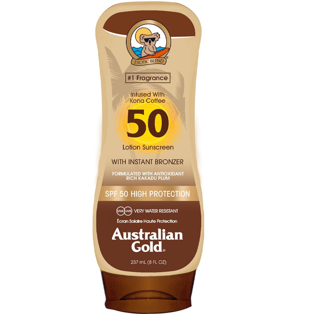 Beige Sonnenlotion-Tube mit braunen Akzenten. Aufschrift: SPF 50, Australian Gold. Enthält Bronzer.