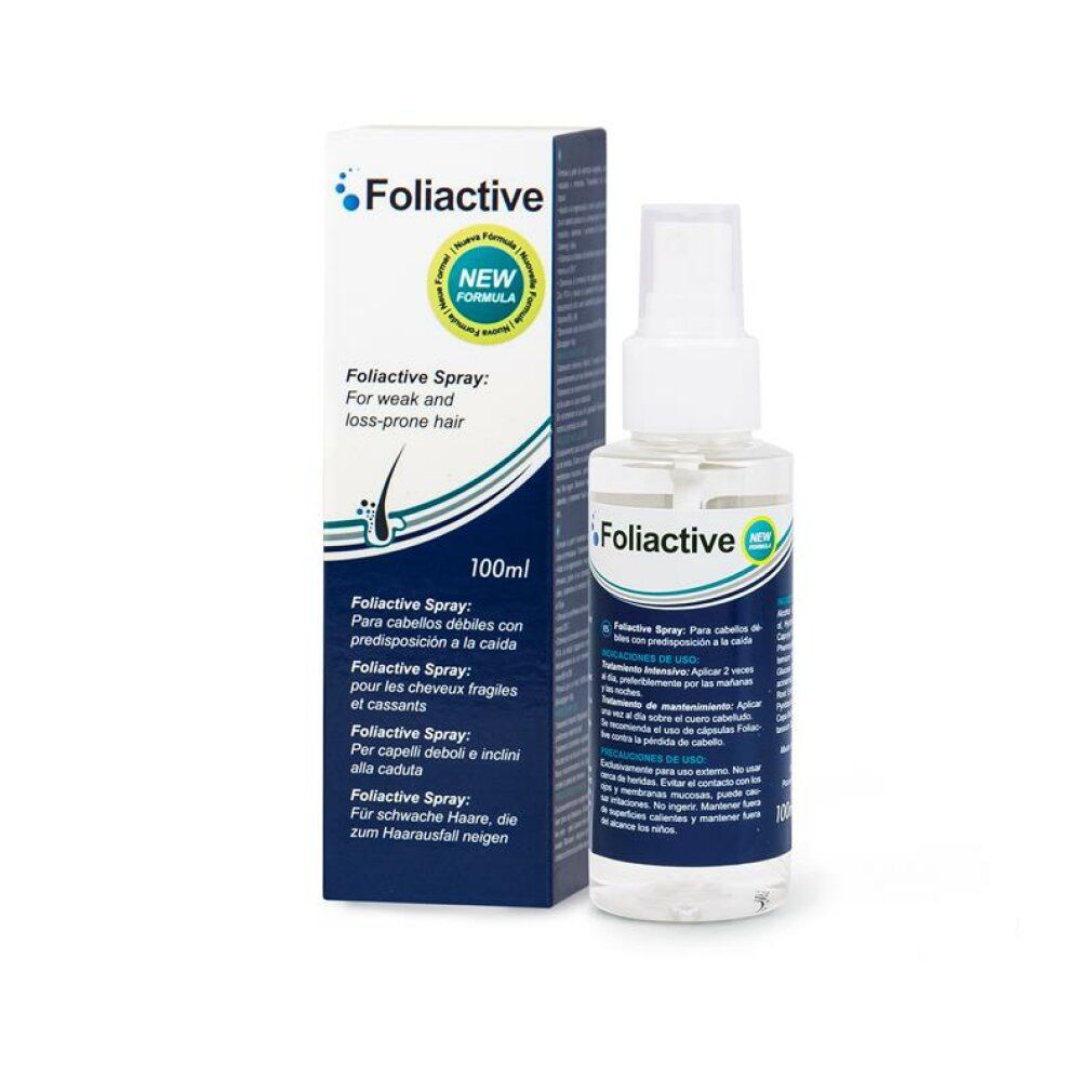 Foliactive Spray-Flasche und Verpackung. Flasche mit Sprühkopf, transparente Flüssigkeit. Verpackung mit Produktinformationen.
