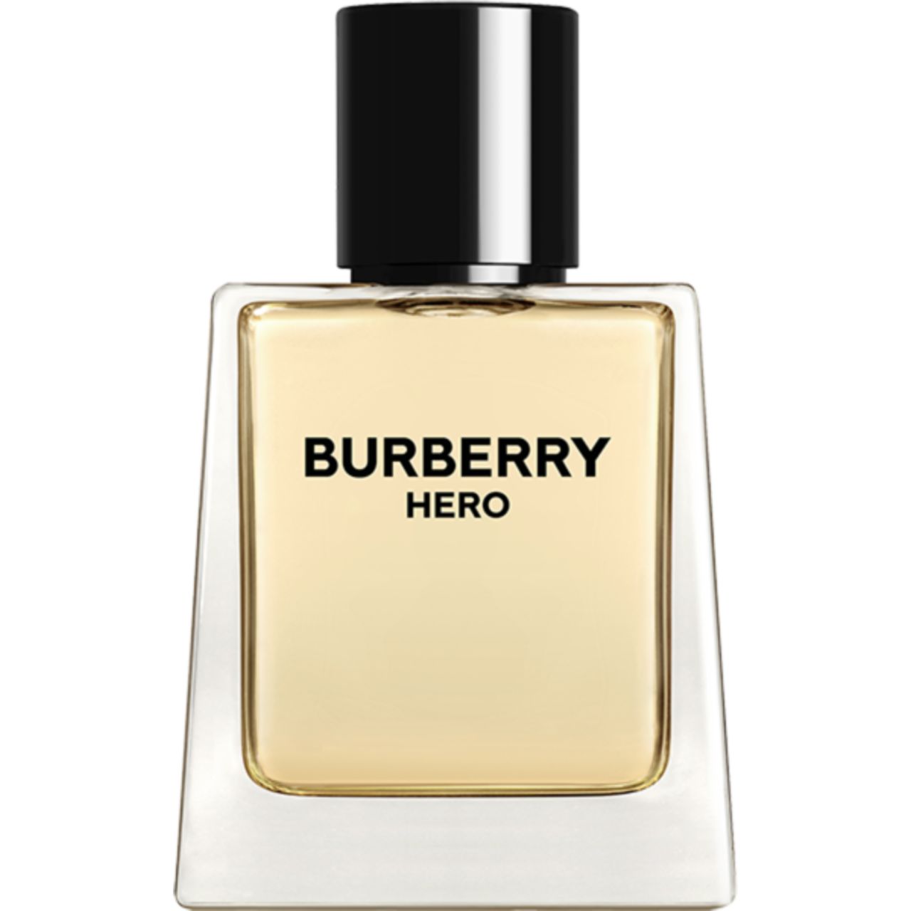 Burberry Hero Eau de Toilette Flakon. Quadratische Form, transparente Basis, schwarzer Deckel. Schriftzug Burberry Hero.
