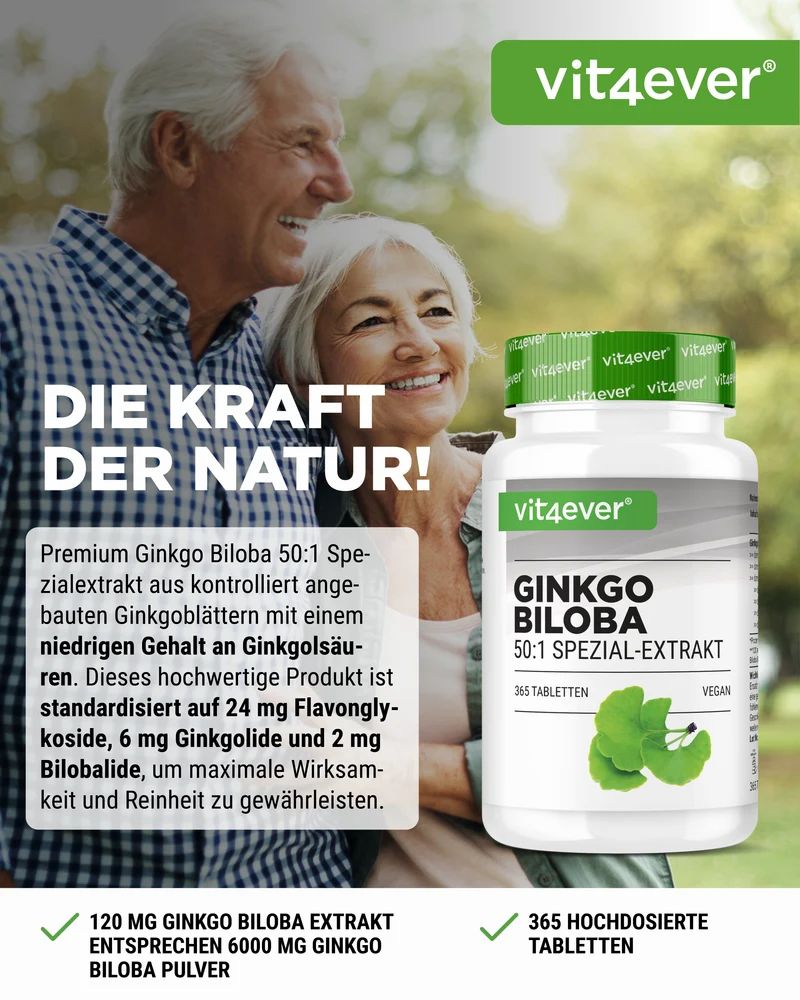 Vit4ever Ginkgo Biloba 6000 mg Flasche neben lächelndem älterem Paar.
