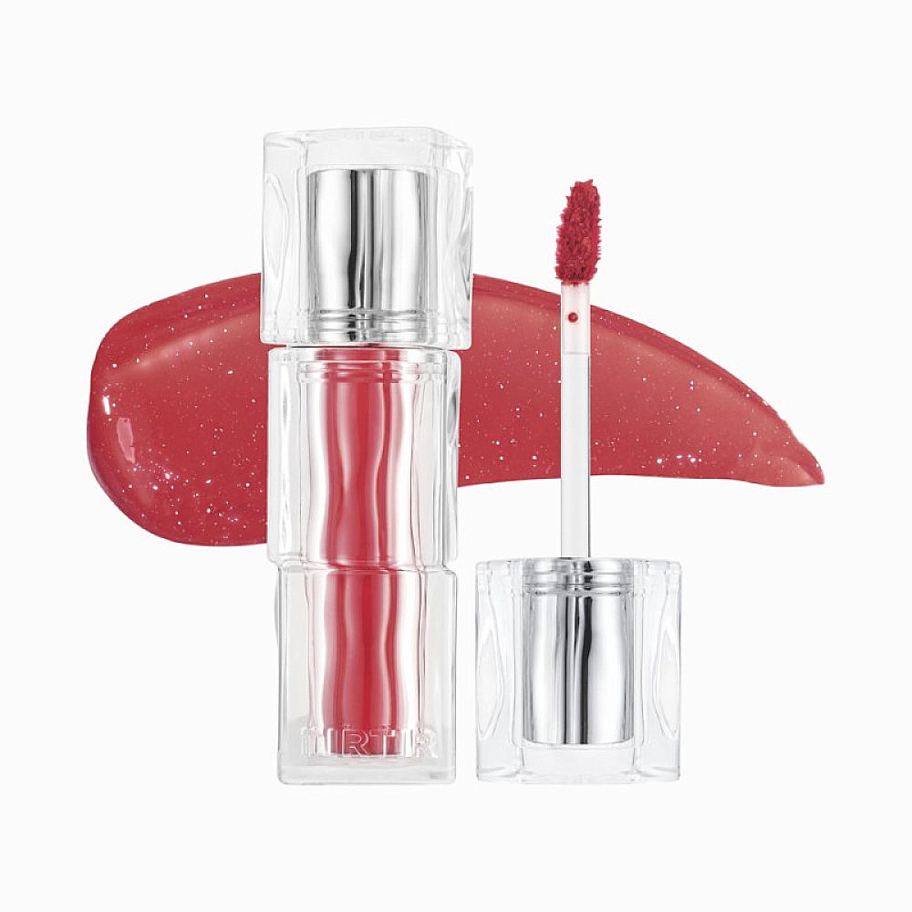 Lippenstift mit Applikator und Swatch. Lippenstift in transparentem Behälter. Roter Swatch.